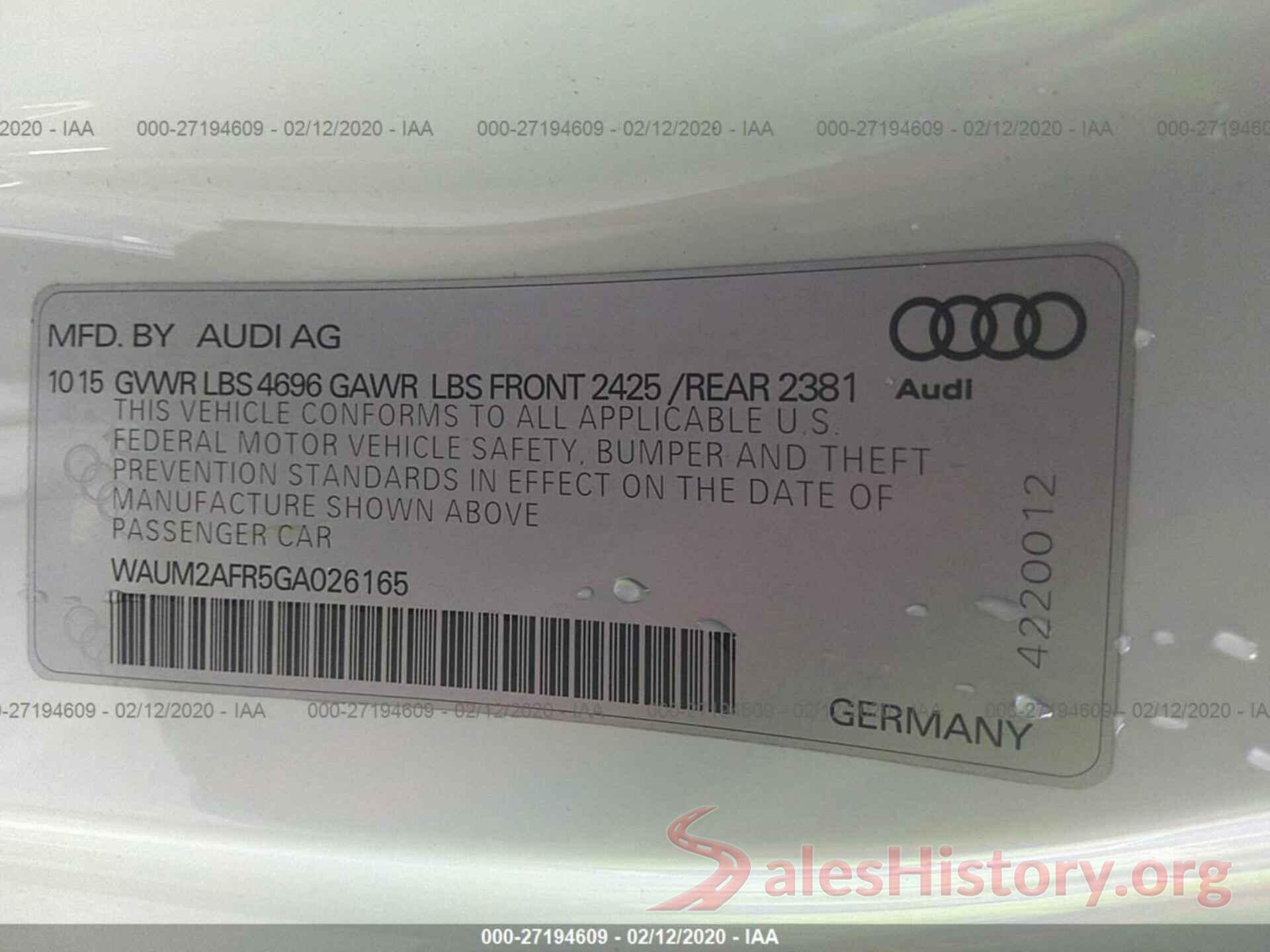 WAUM2AFR5GA026165 2016 AUDI A5