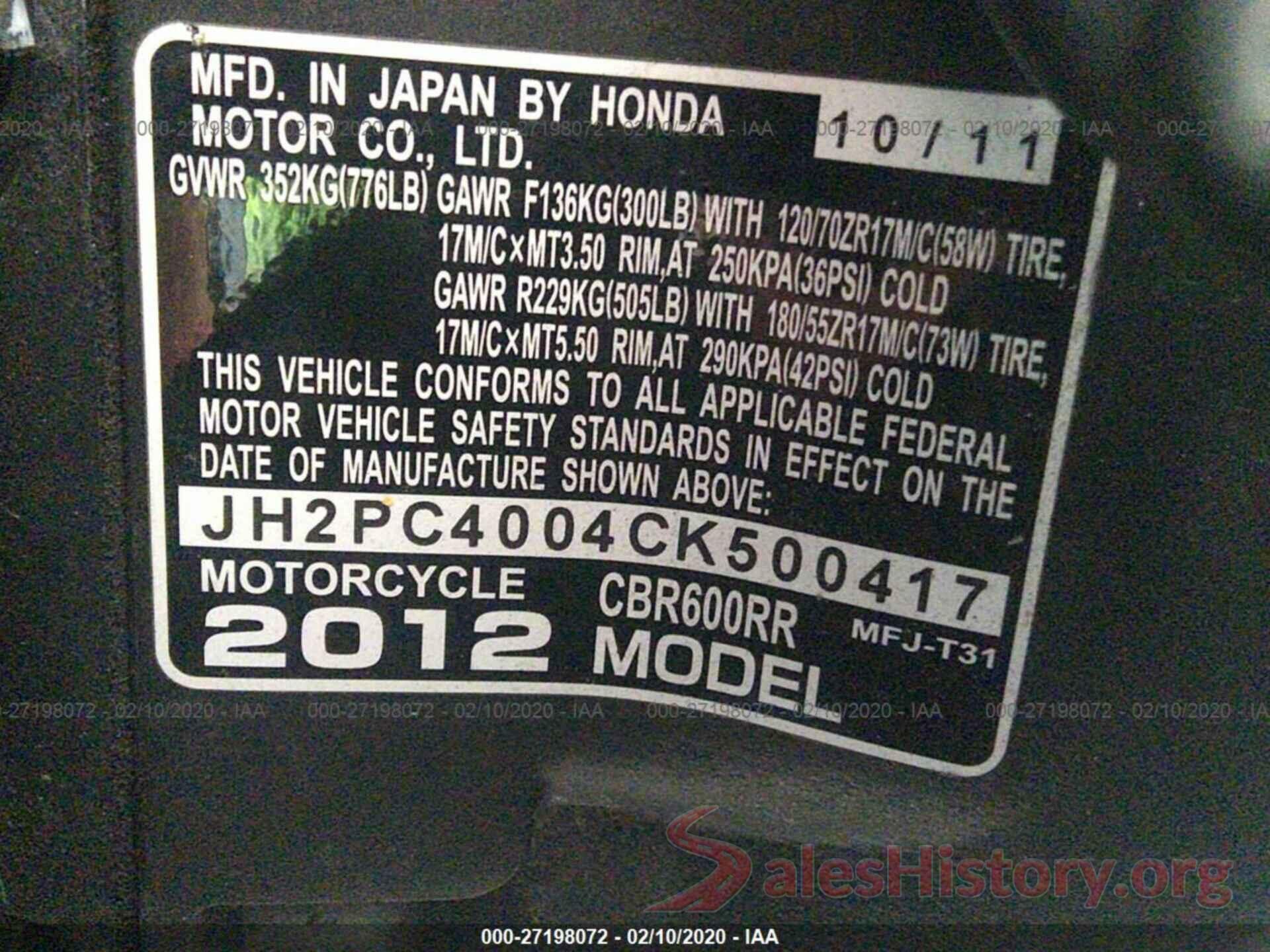 JH2PC4004CK500417 2012 HONDA CBR600