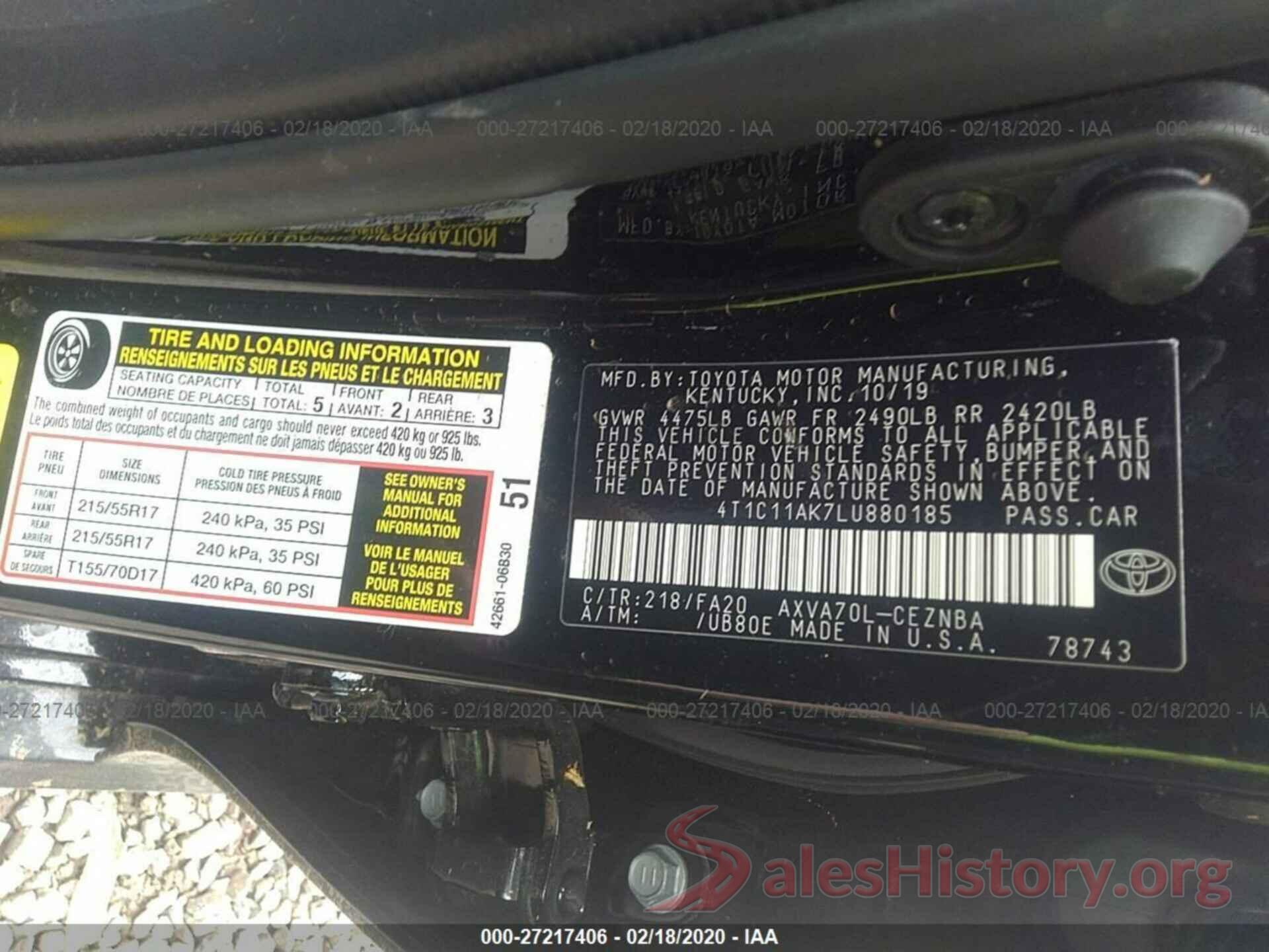 4T1C11AK7LU880185 2020 TOYOTA CAMRY