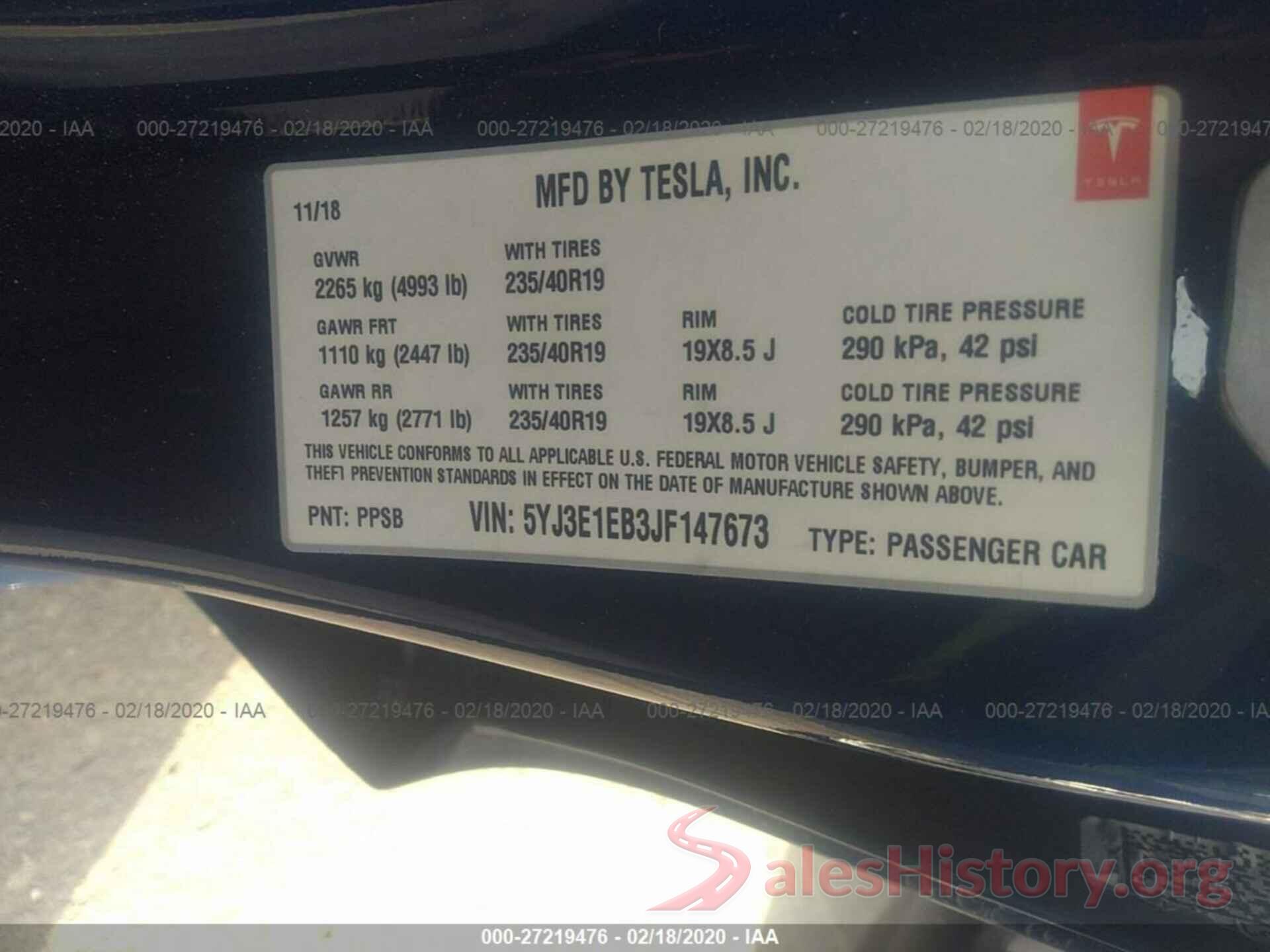 5YJ3E1EB3JF147673 2018 TESLA MODEL 3