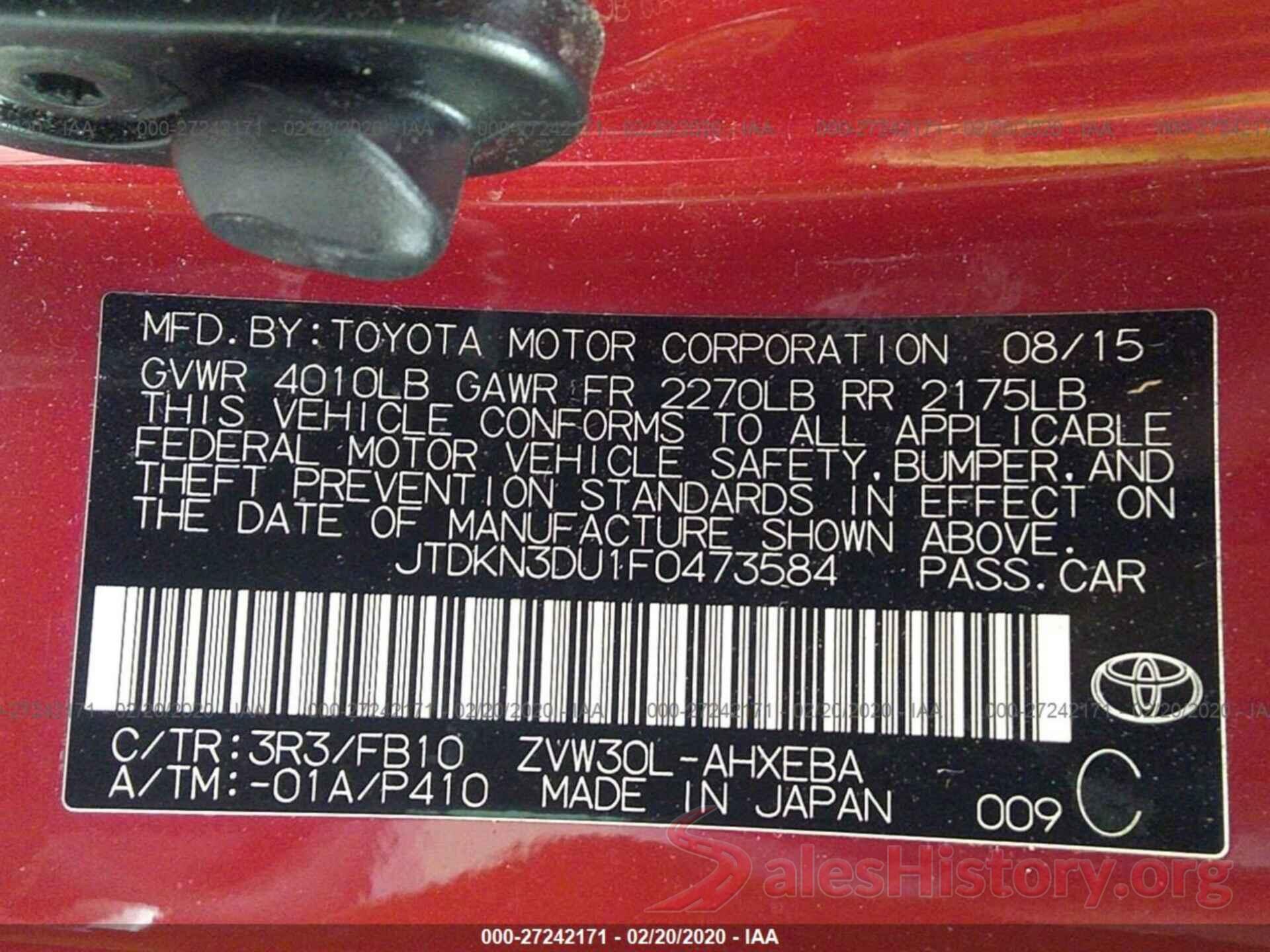 JTDKN3DU1F0473584 2015 TOYOTA PRIUS