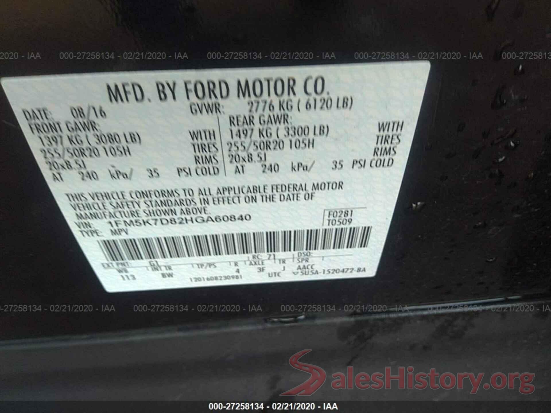 1FM5K7D82HGA60840 2017 FORD EXPLORER