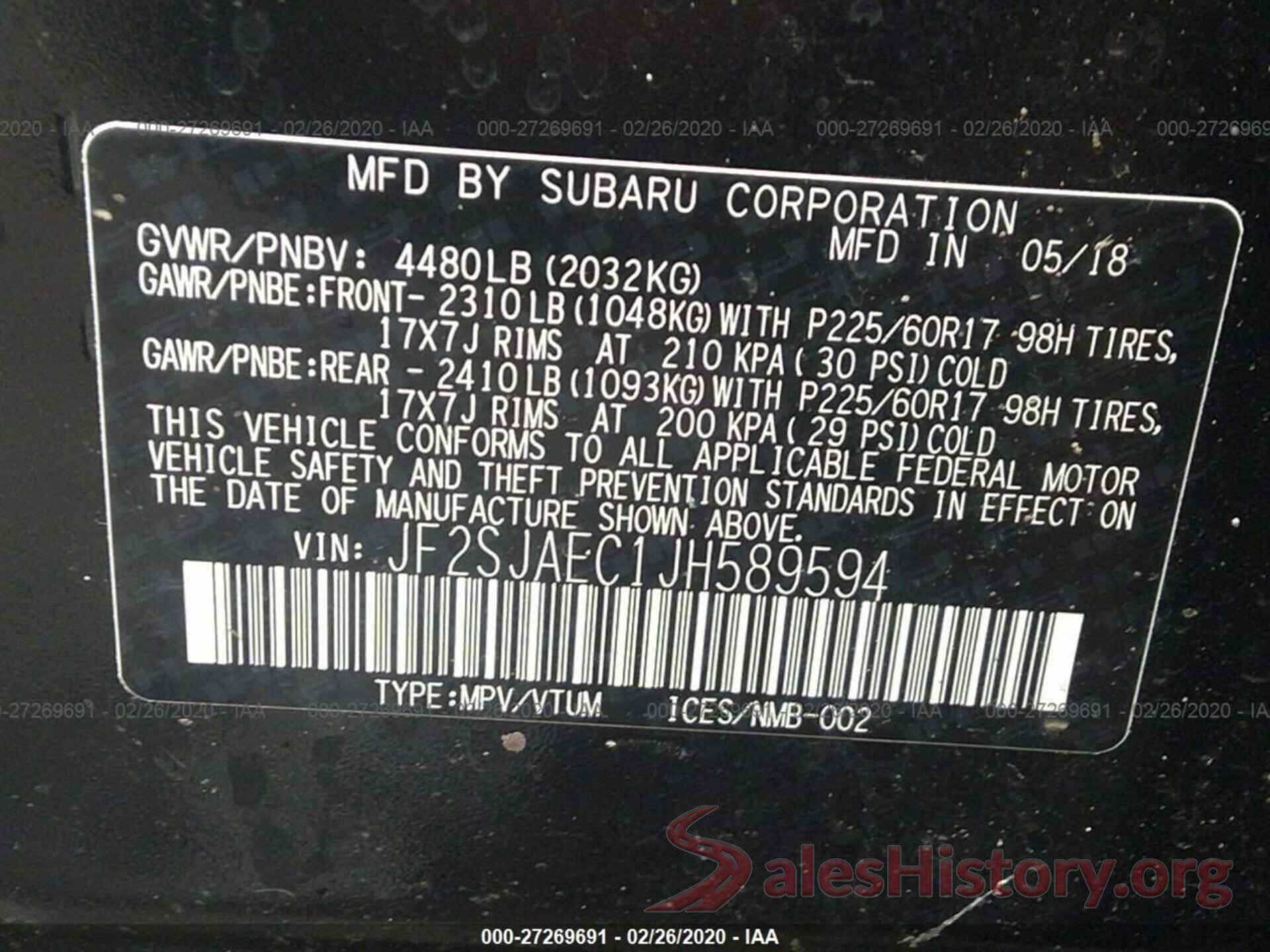 JF2SJAEC1JH589594 2018 SUBARU FORESTER