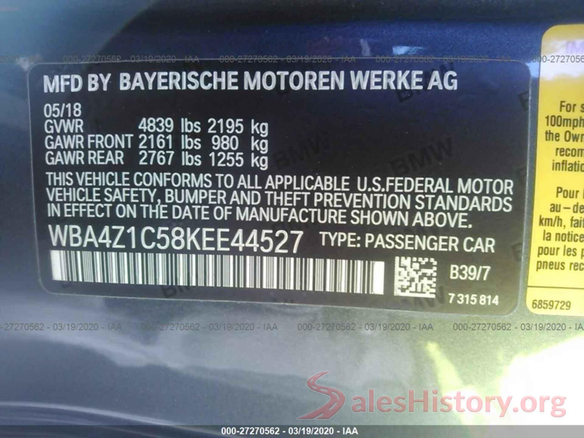 WBA4Z1C58KEE44527 2019 BMW 4 SERIES