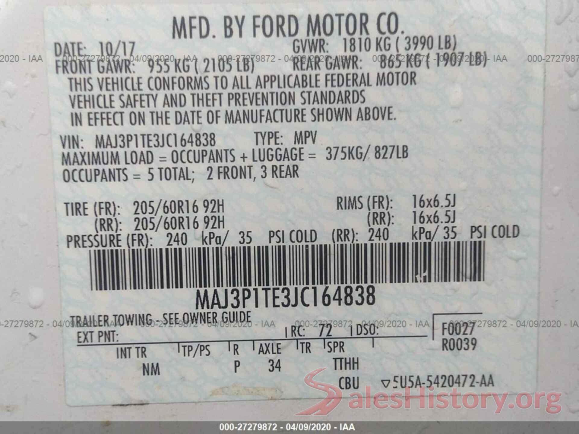 MAJ3P1TE3JC164838 2018 FORD ECOSPORT