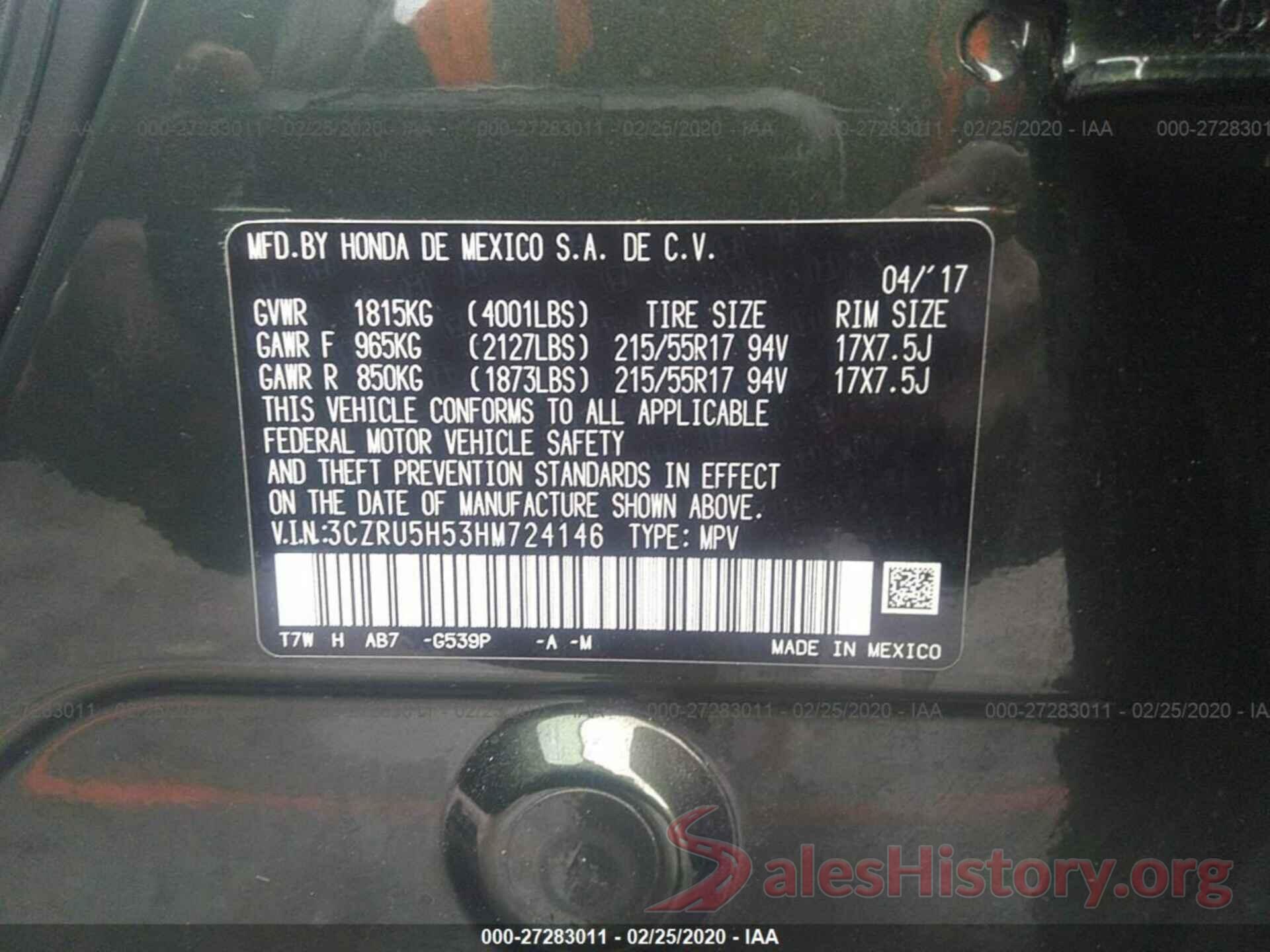 3CZRU5H53HM724146 2017 HONDA HR-V