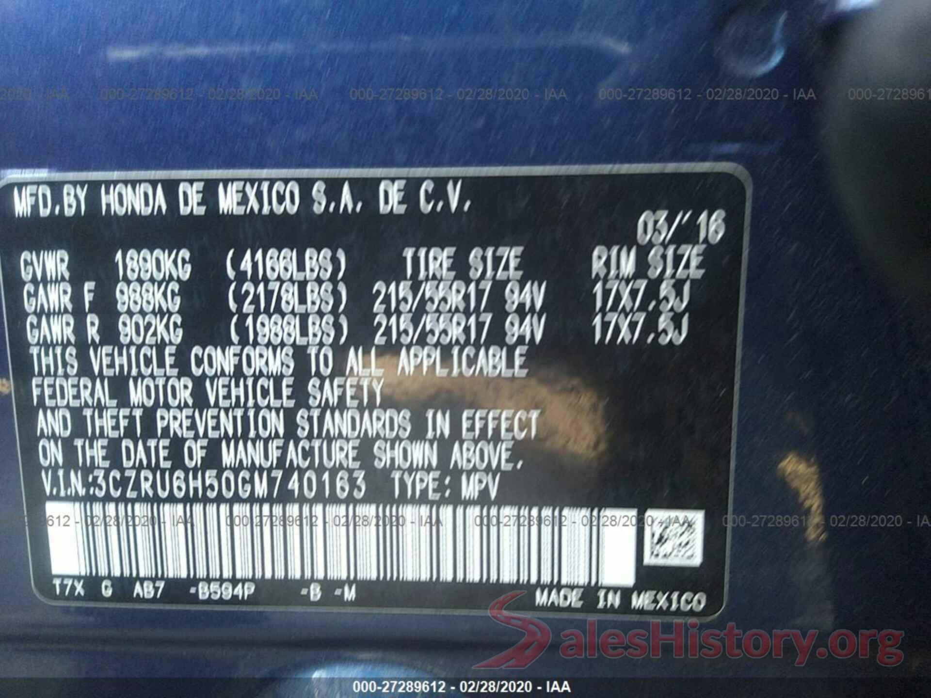 3CZRU6H50GM740163 2016 HONDA HR-V