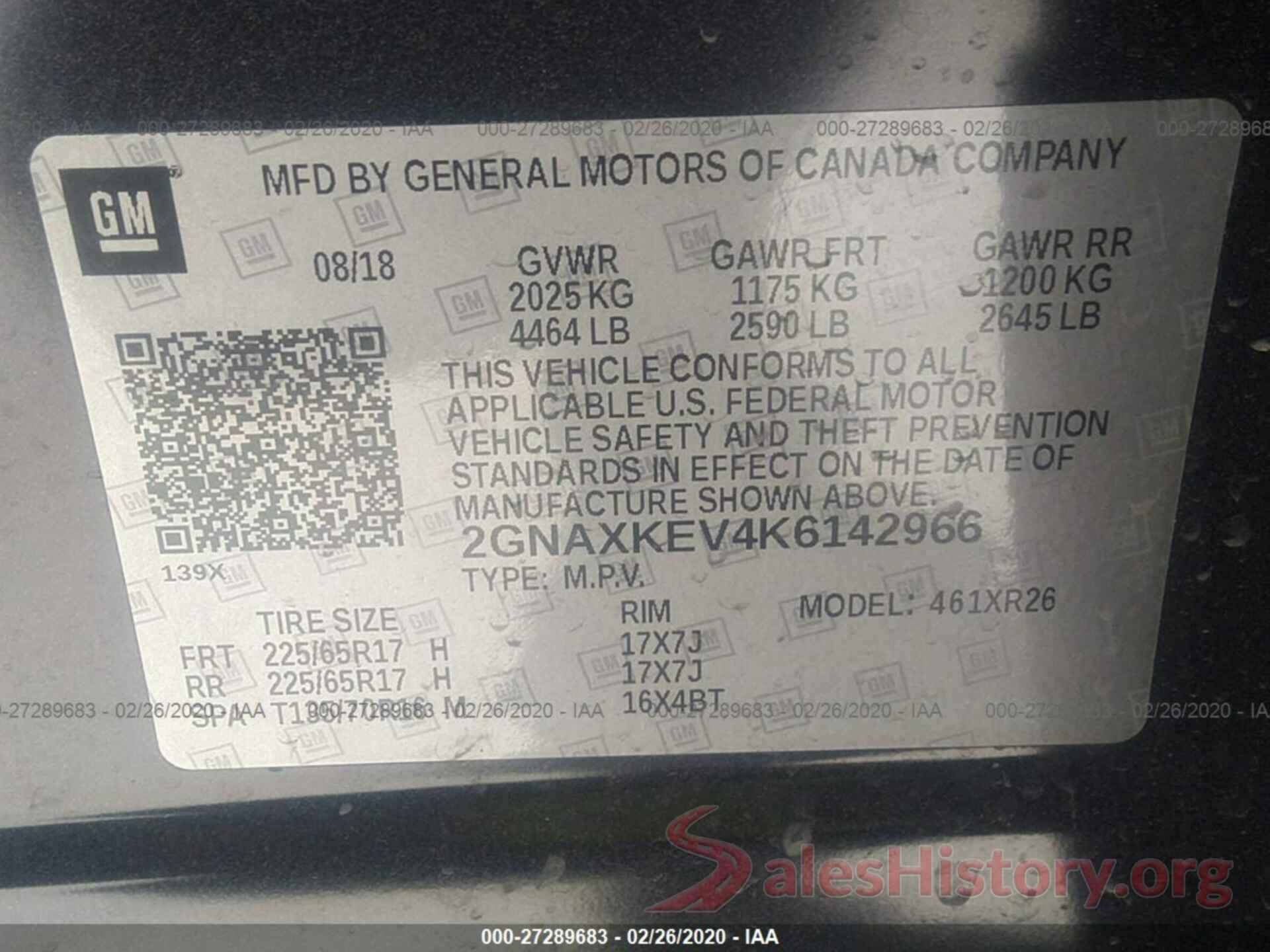 2GNAXKEV4K6142966 2019 CHEVROLET EQUINOX