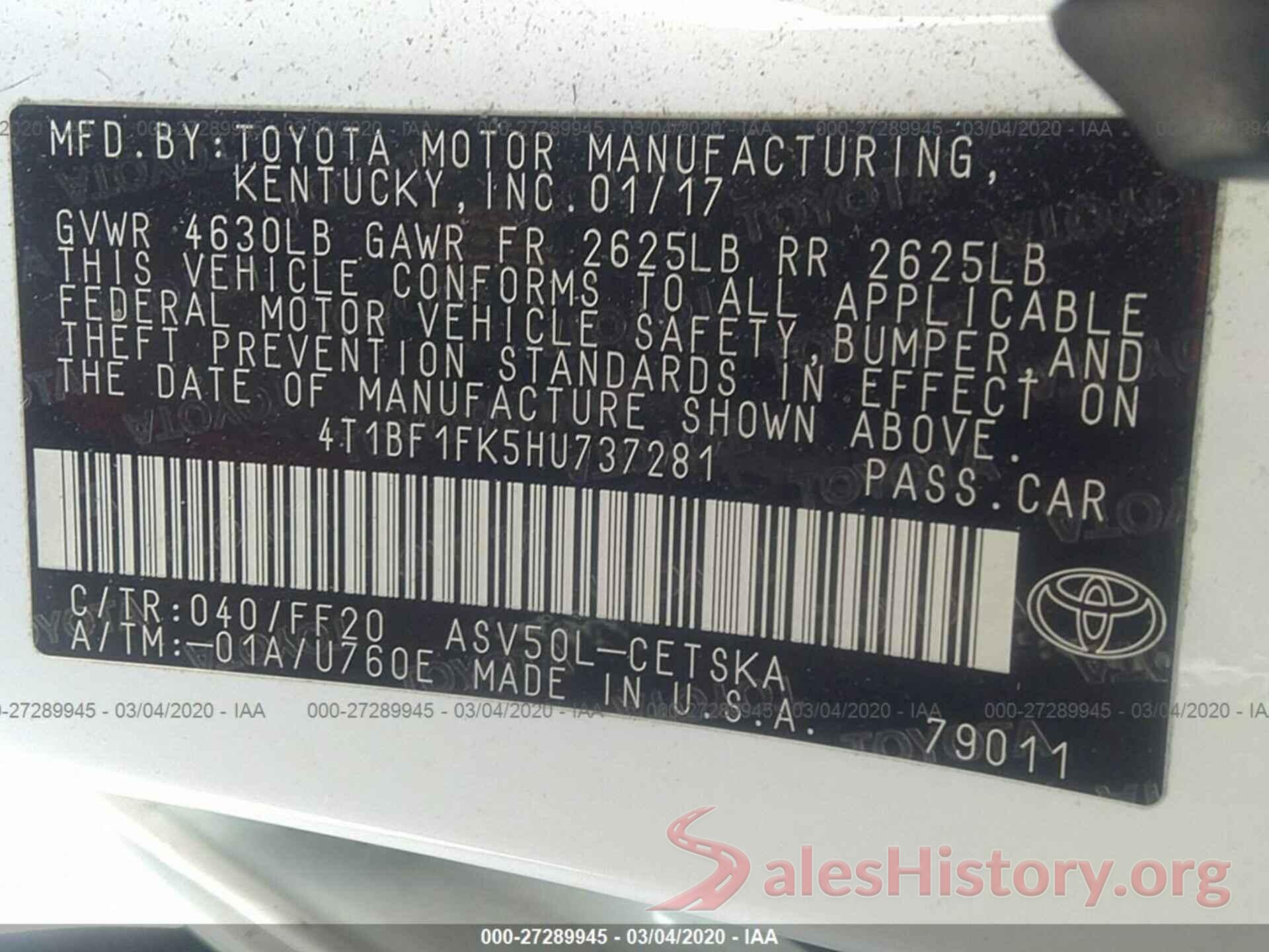 4T1BF1FK5HU737281 2017 TOYOTA CAMRY