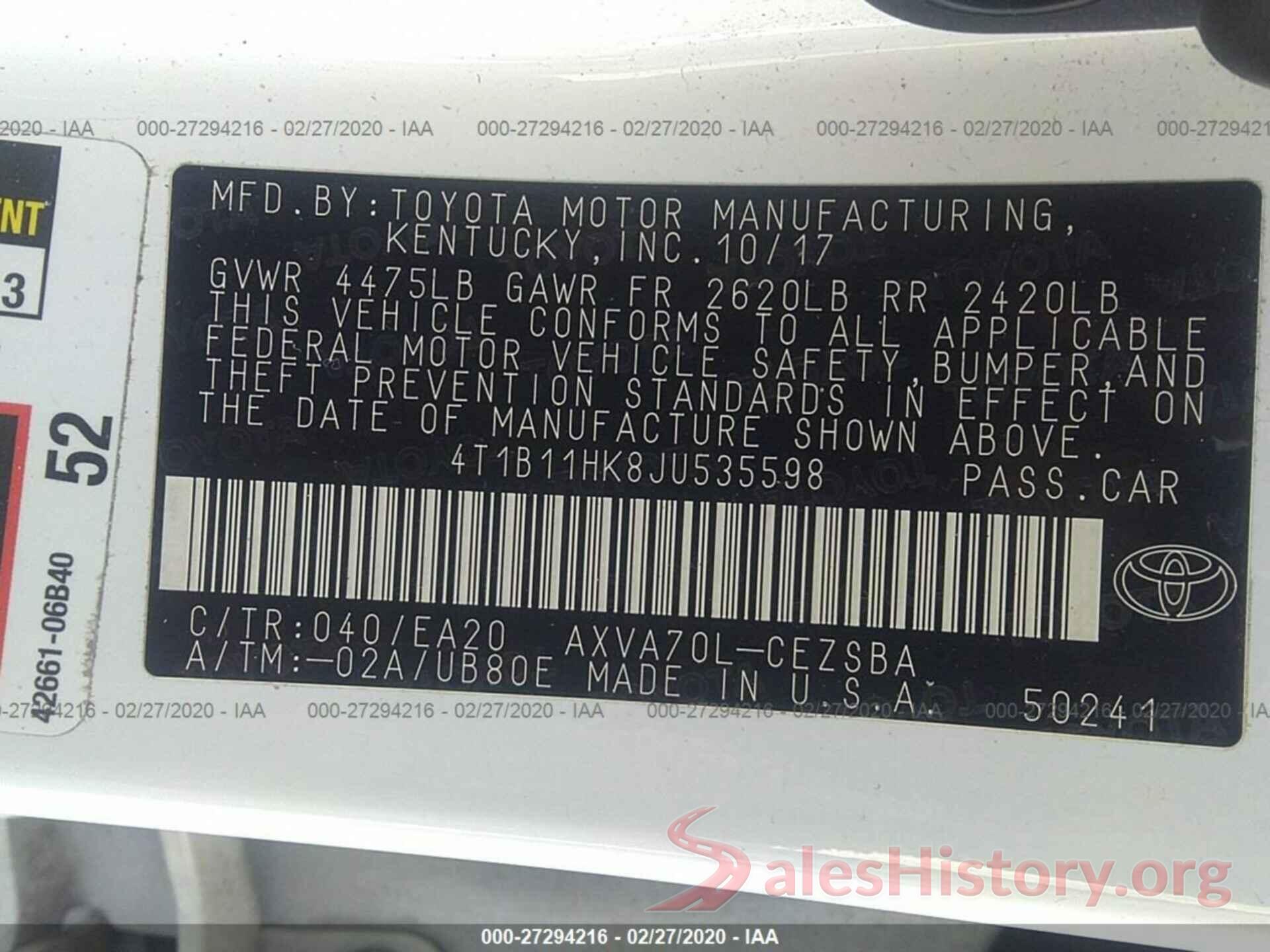 4T1B11HK8JU535598 2018 TOYOTA CAMRY