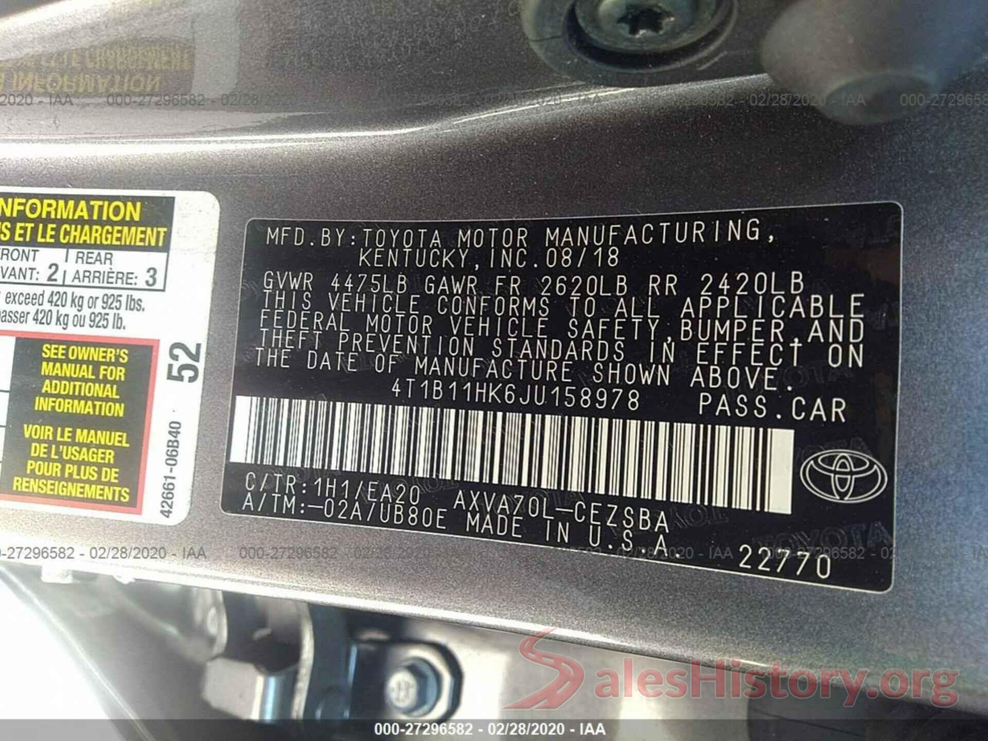 4T1B11HK6JU158978 2018 Toyota Camry