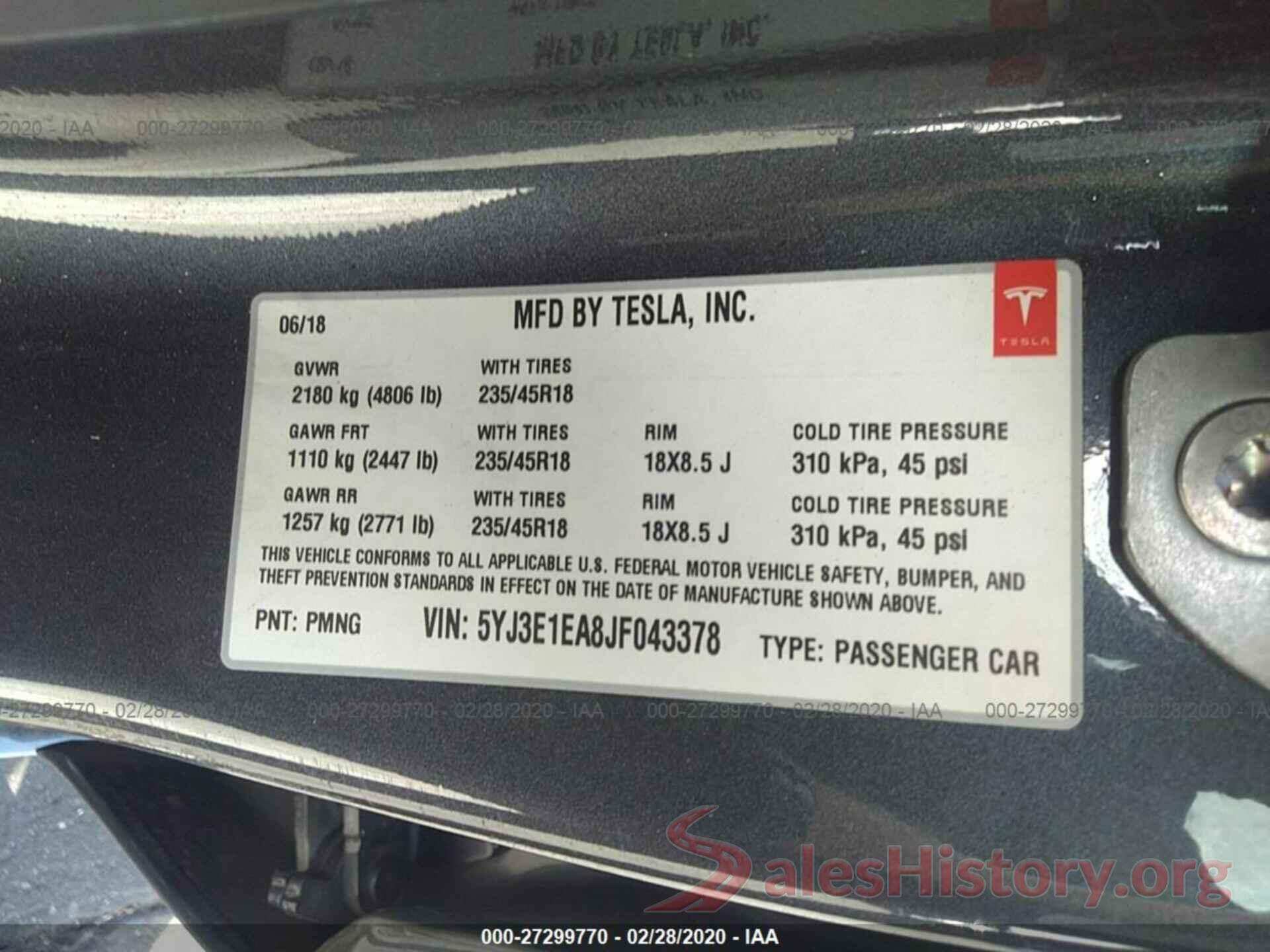 5YJ3E1EA8JF043378 2018 TESLA MODEL 3