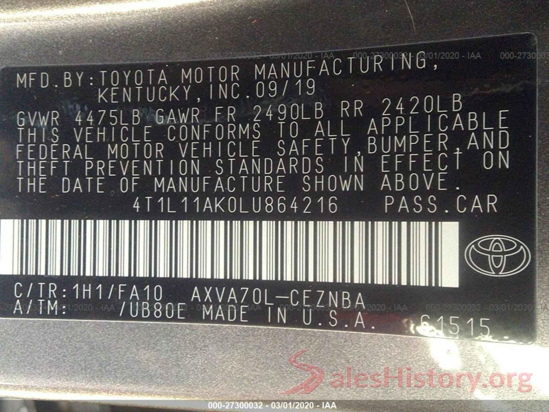 4T1L11AK0LU864216 2020 TOYOTA CAMRY