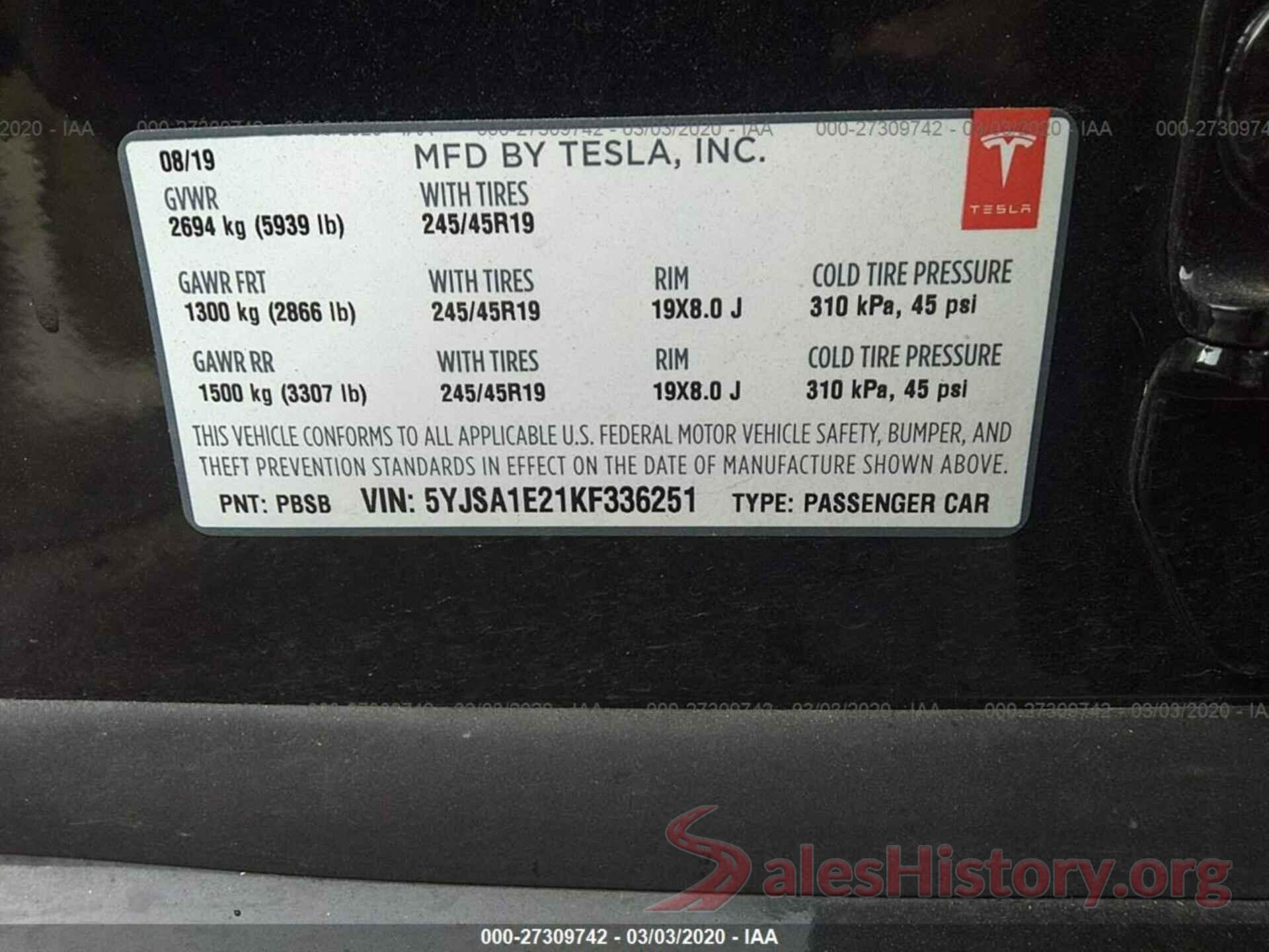 5YJSA1E21KF336251 2019 TESLA MODEL S