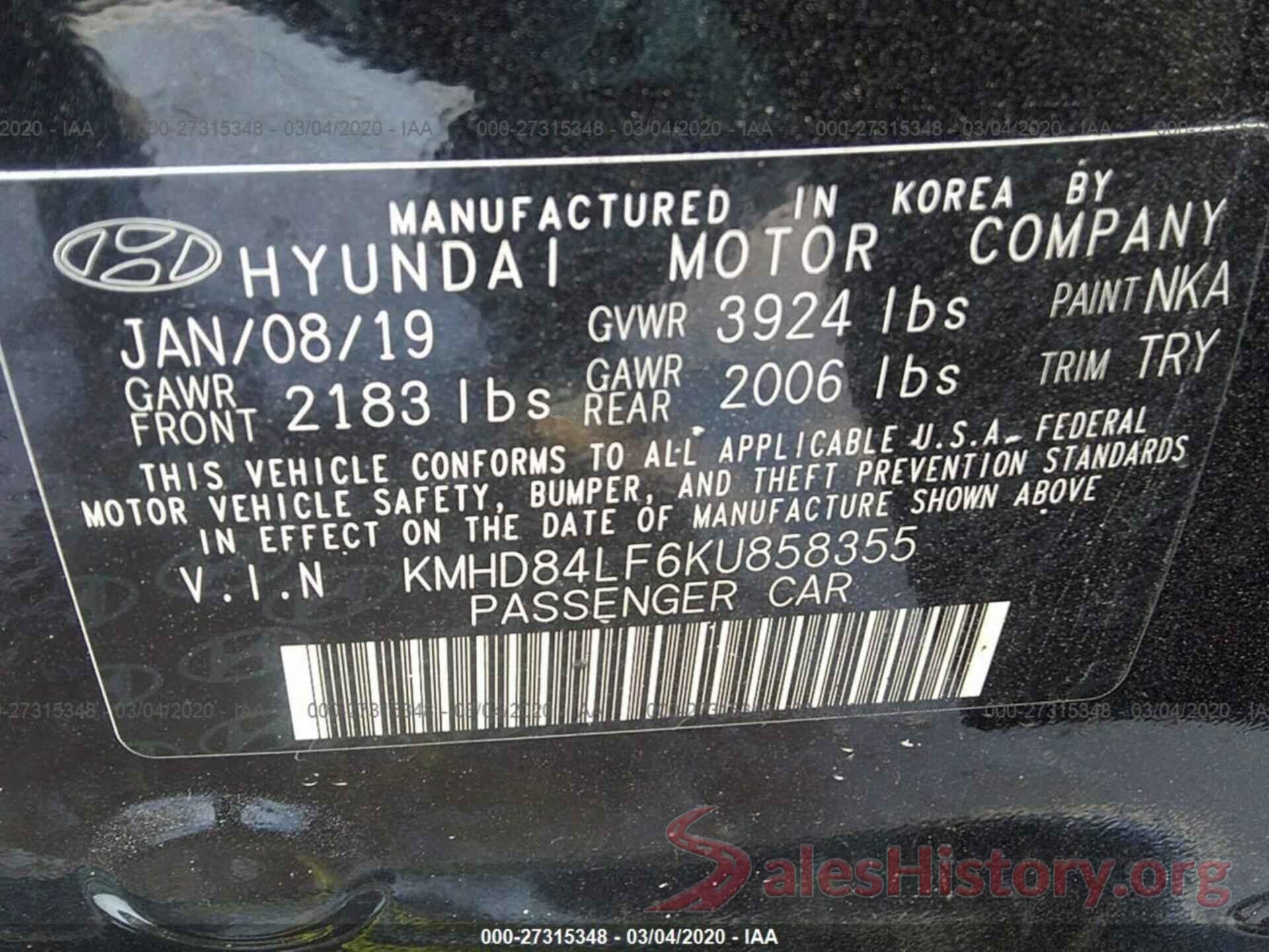 KMHD84LF6KU858355 2019 HYUNDAI ELANTRA