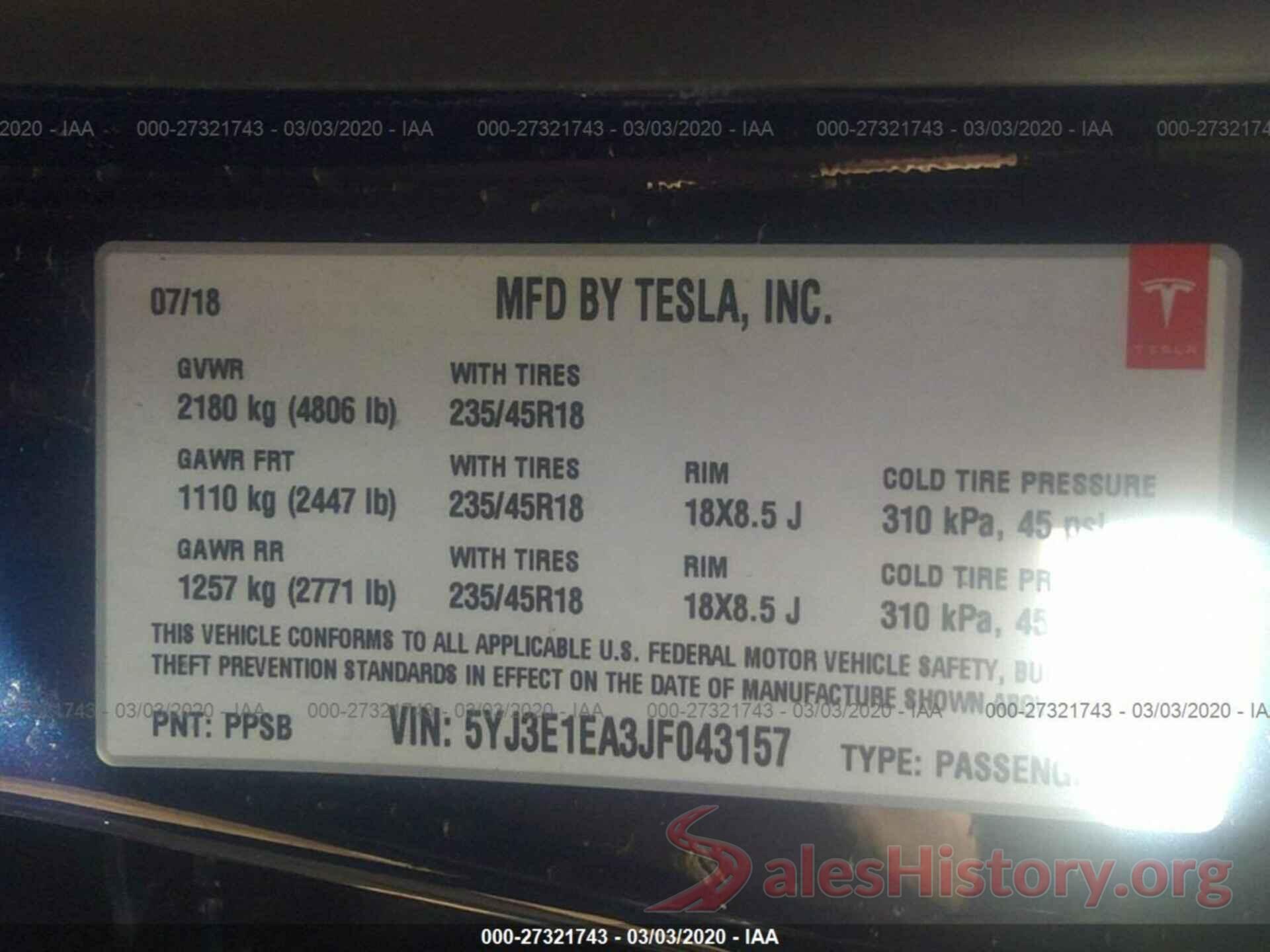 5YJ3E1EA3JF043157 2018 TESLA MODEL 3