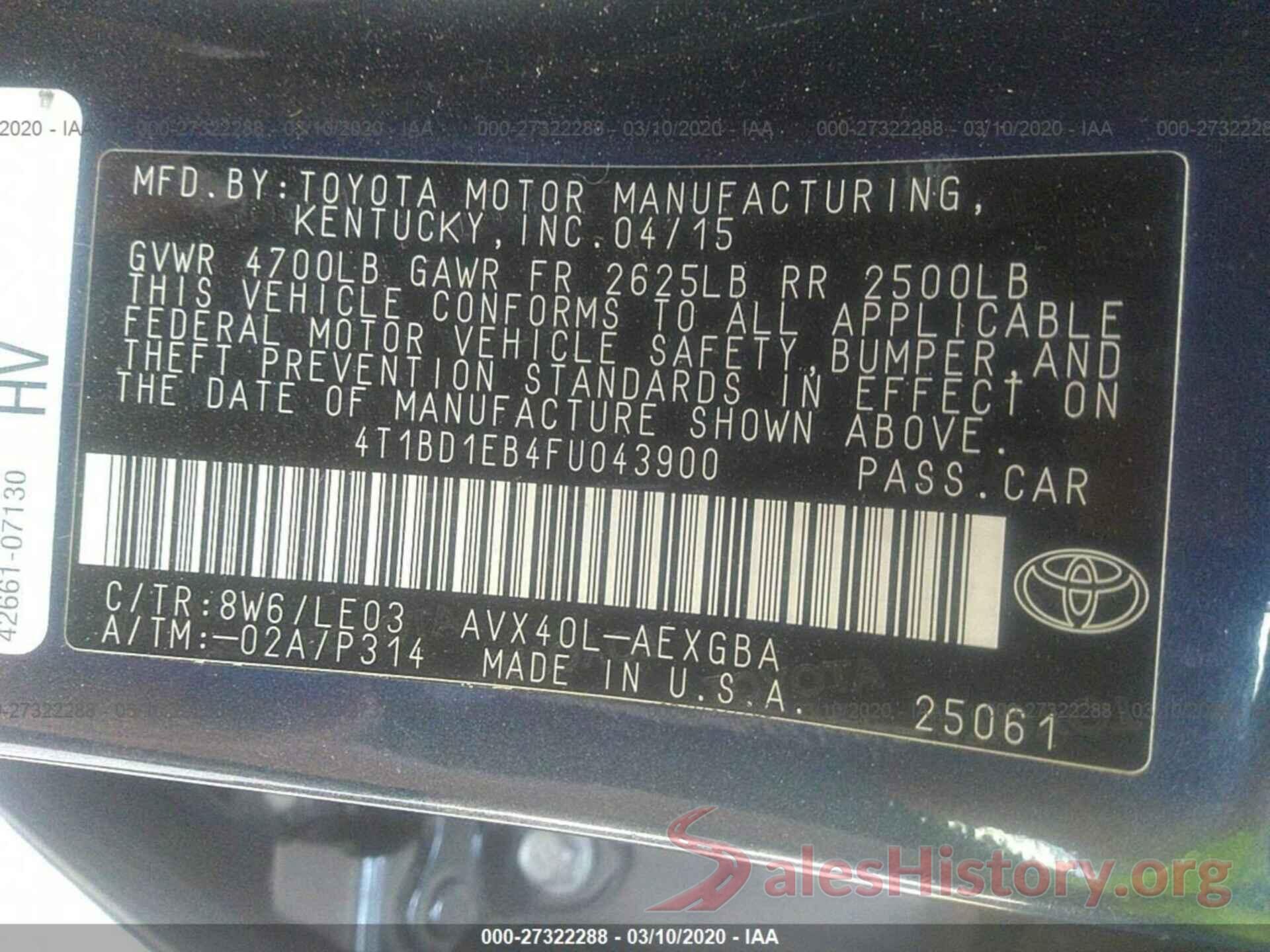 4T1BD1EB4FU043900 2015 TOYOTA AVALON