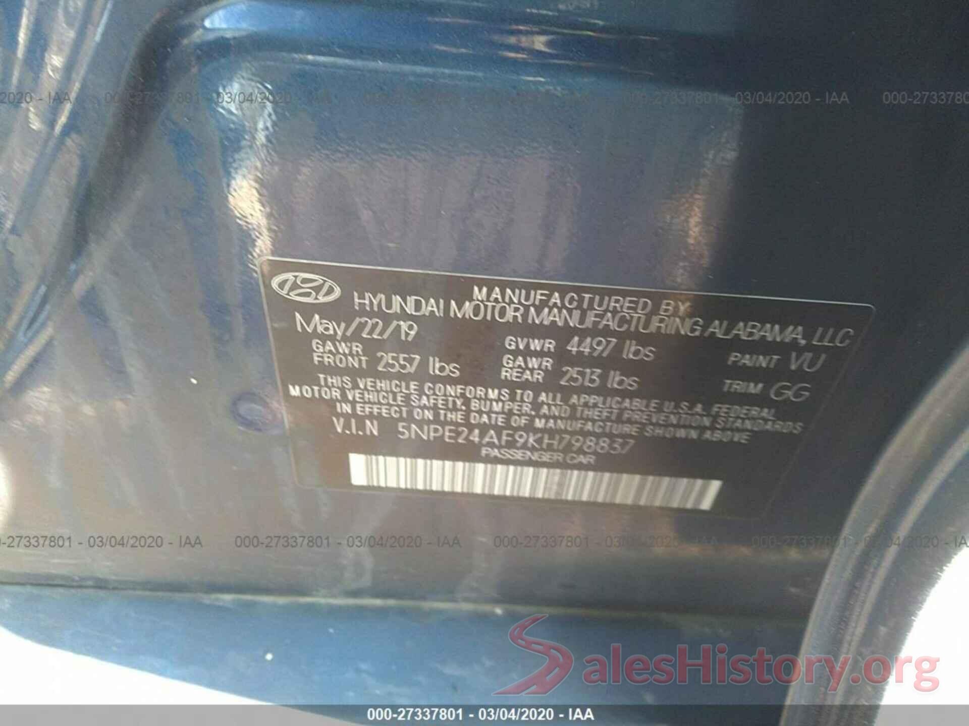 5NPE24AF9KH798837 2019 HYUNDAI SONATA