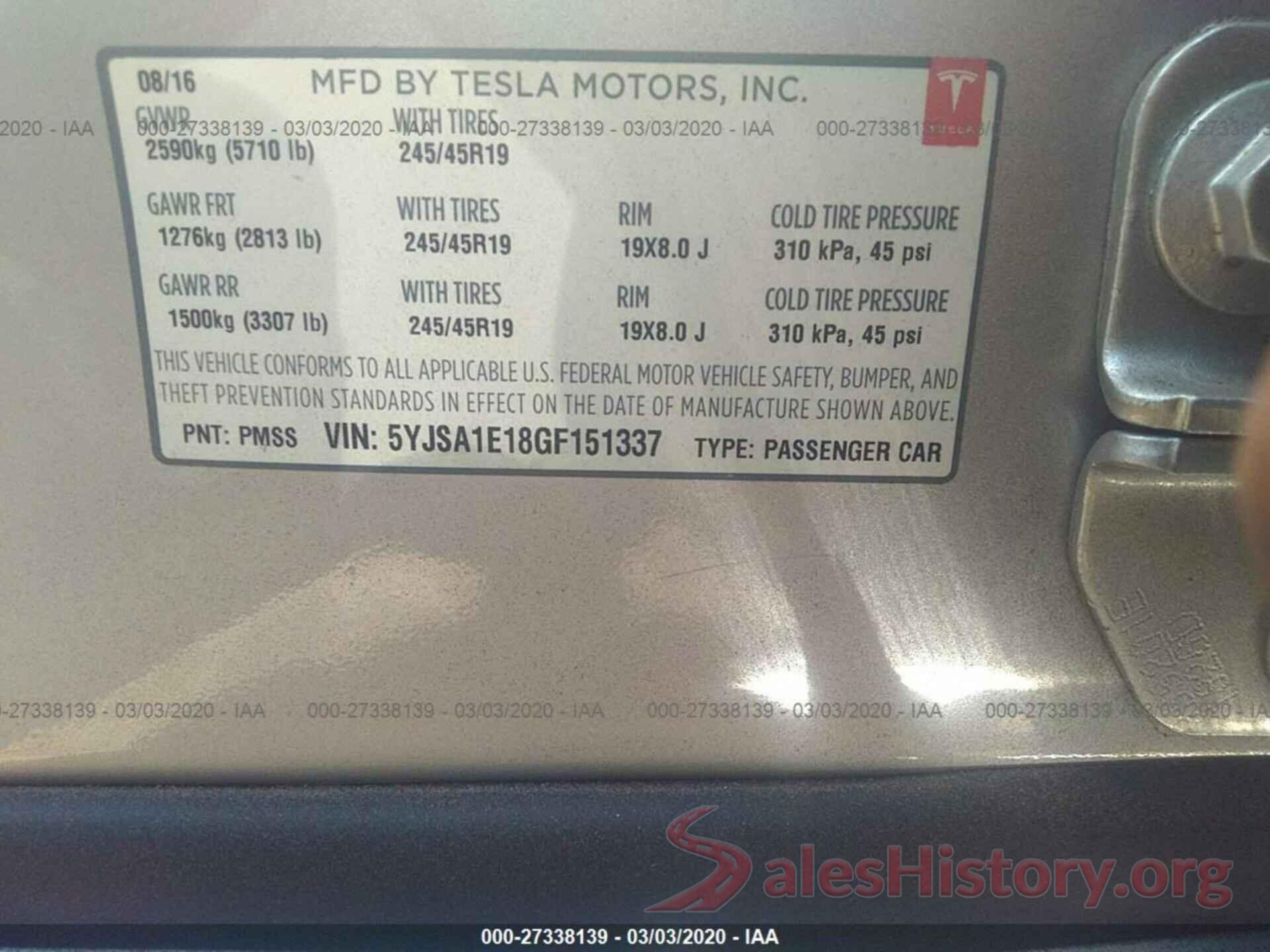 5YJSA1E18GF151337 2016 TESLA MODEL S