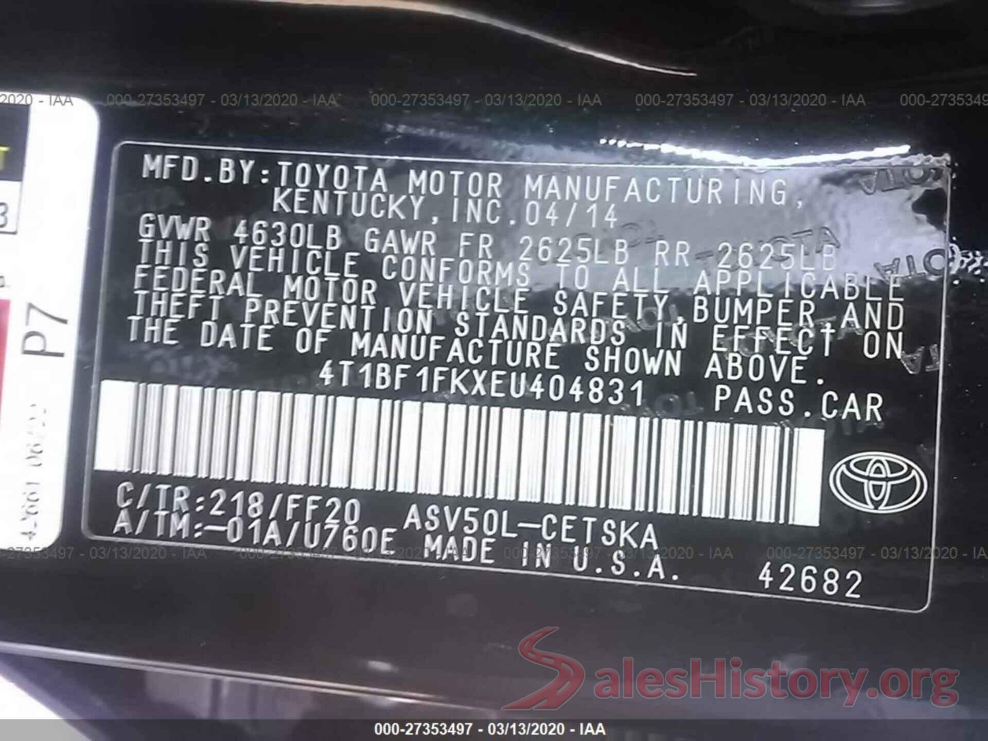 4T1BF1FKXEU404831 2014 TOYOTA CAMRY