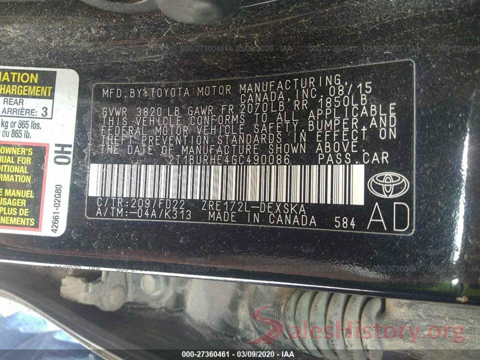 2T1BURHE4GC490086 2016 TOYOTA COROLLA