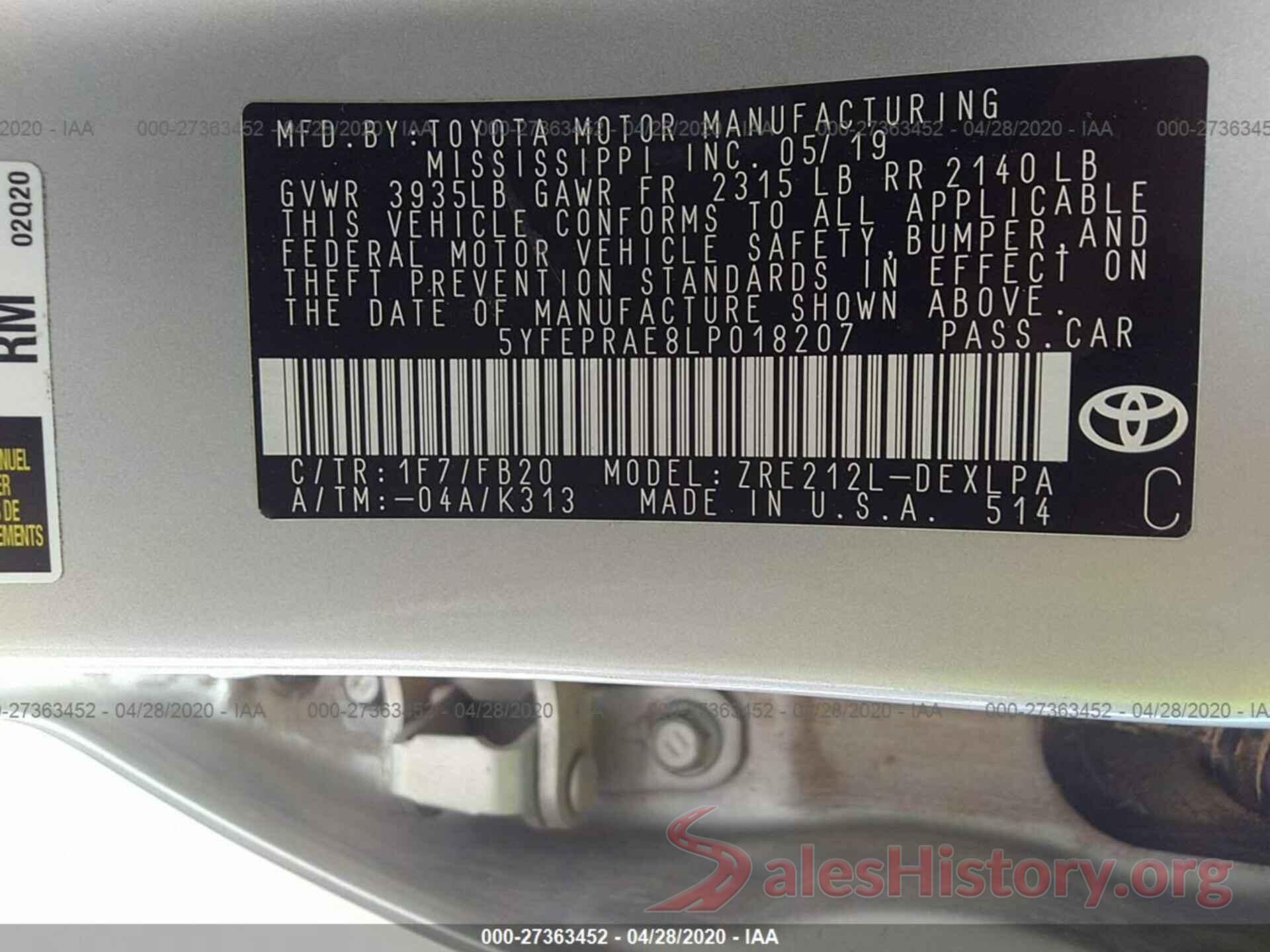 5YFEPRAE8LP018207 2020 TOYOTA COROLLA