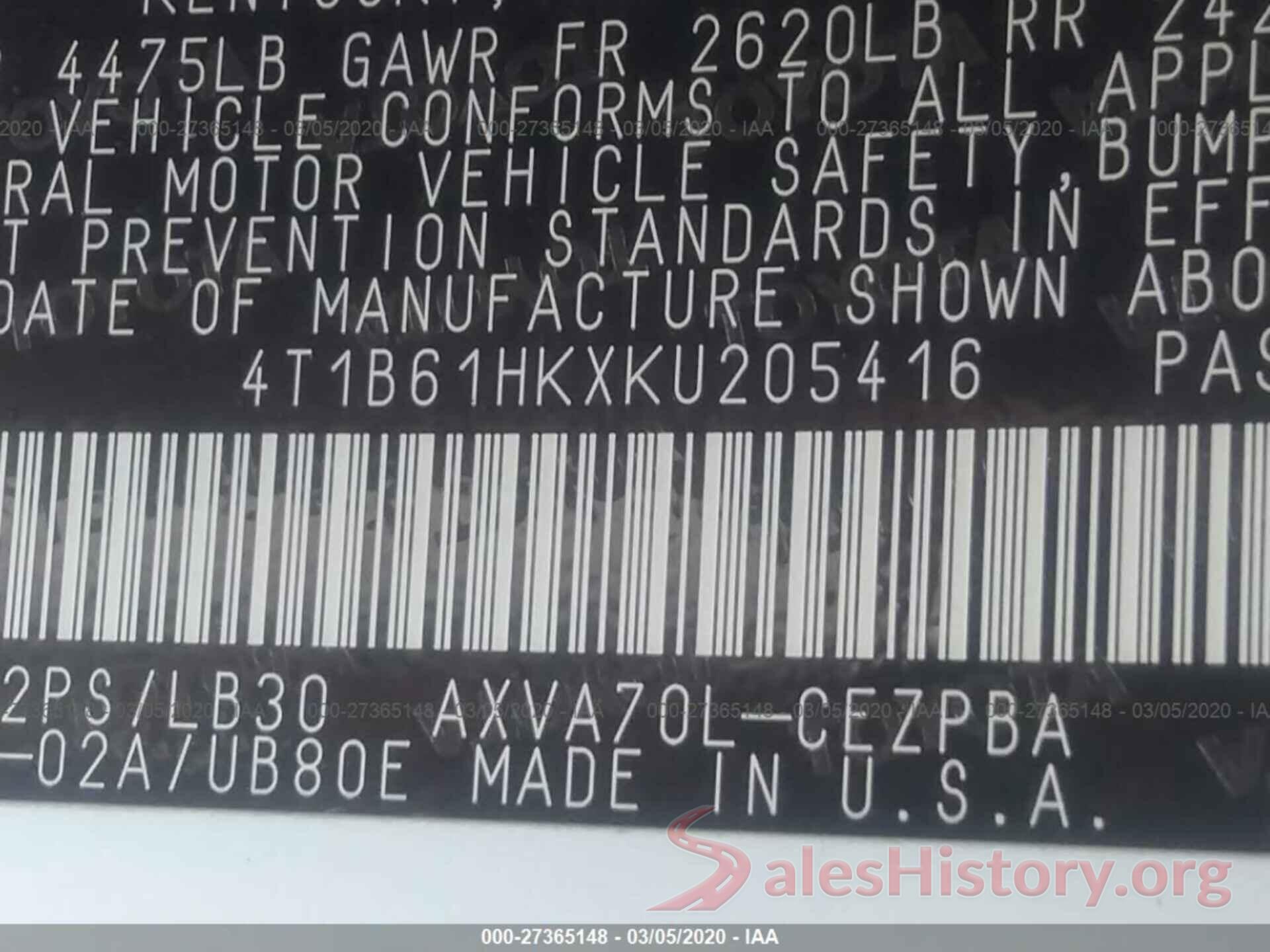 4T1B61HKXKU205416 2019 TOYOTA CAMRY