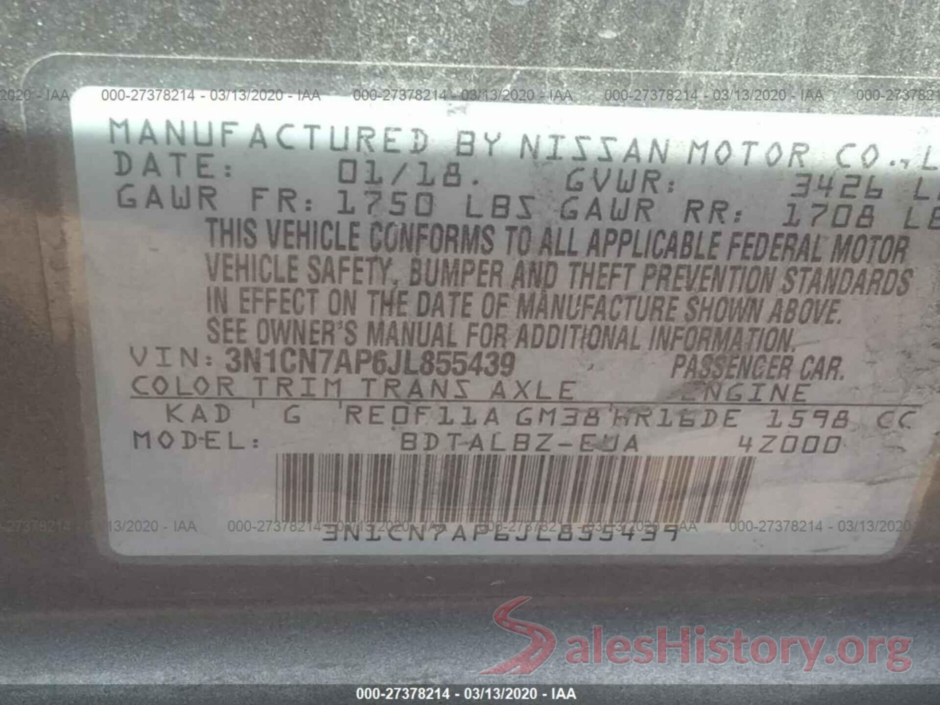 3N1CN7AP6JL855439 2018 Nissan Versa