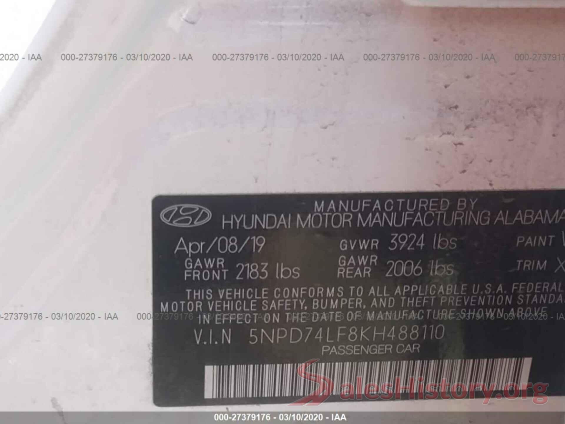 5NPD74LF8KH488110 2019 HYUNDAI ELANTRA