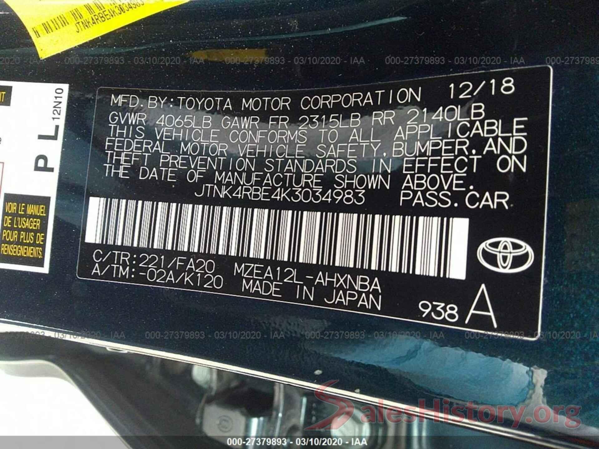 JTNK4RBE4K3034983 2019 TOYOTA COROLLA