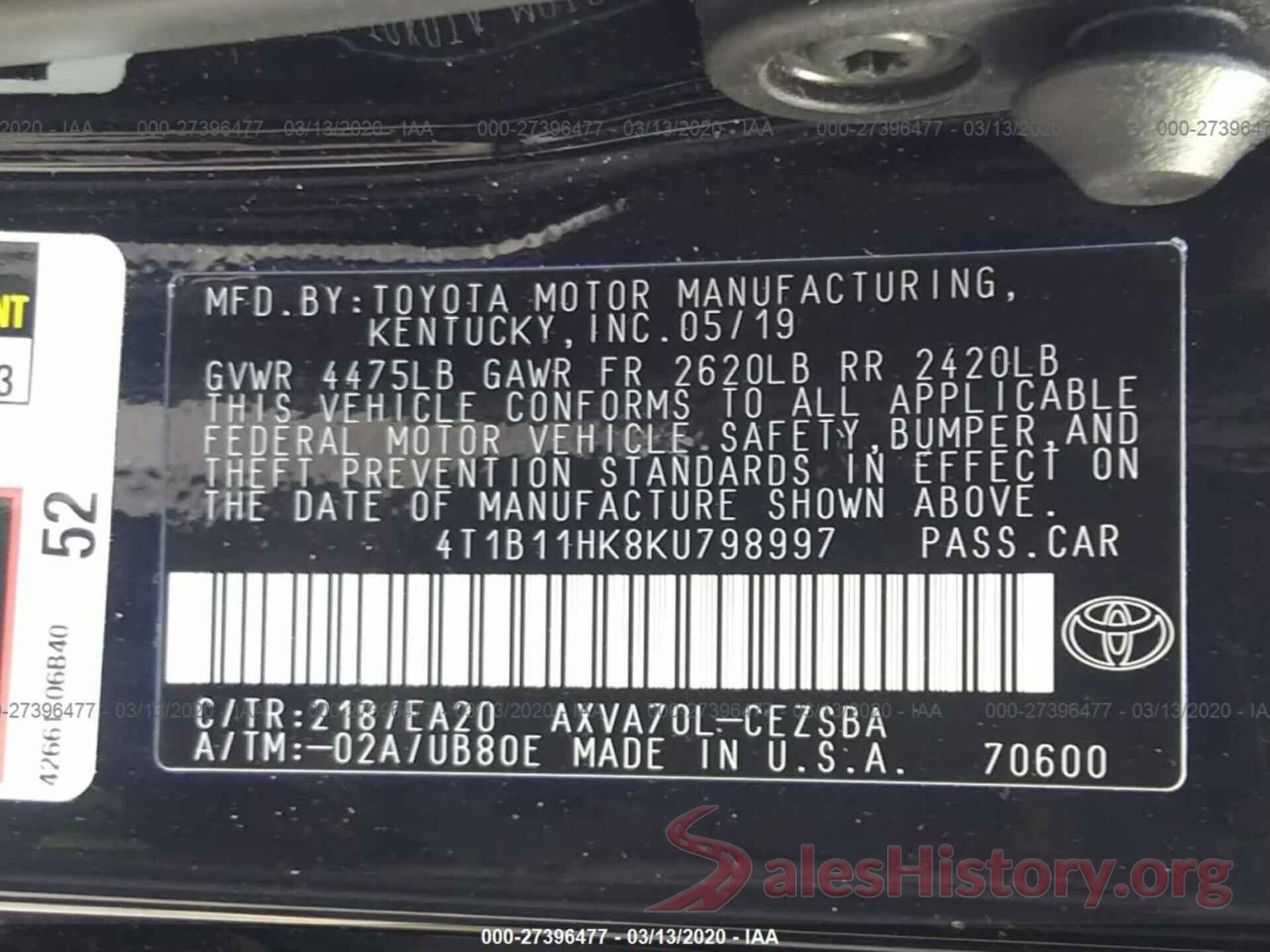 4T1B11HK8KU798997 2019 TOYOTA CAMRY