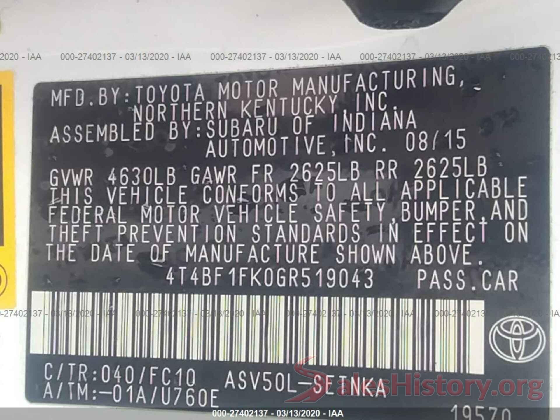 4T4BF1FK0GR519043 2016 Toyota Camry