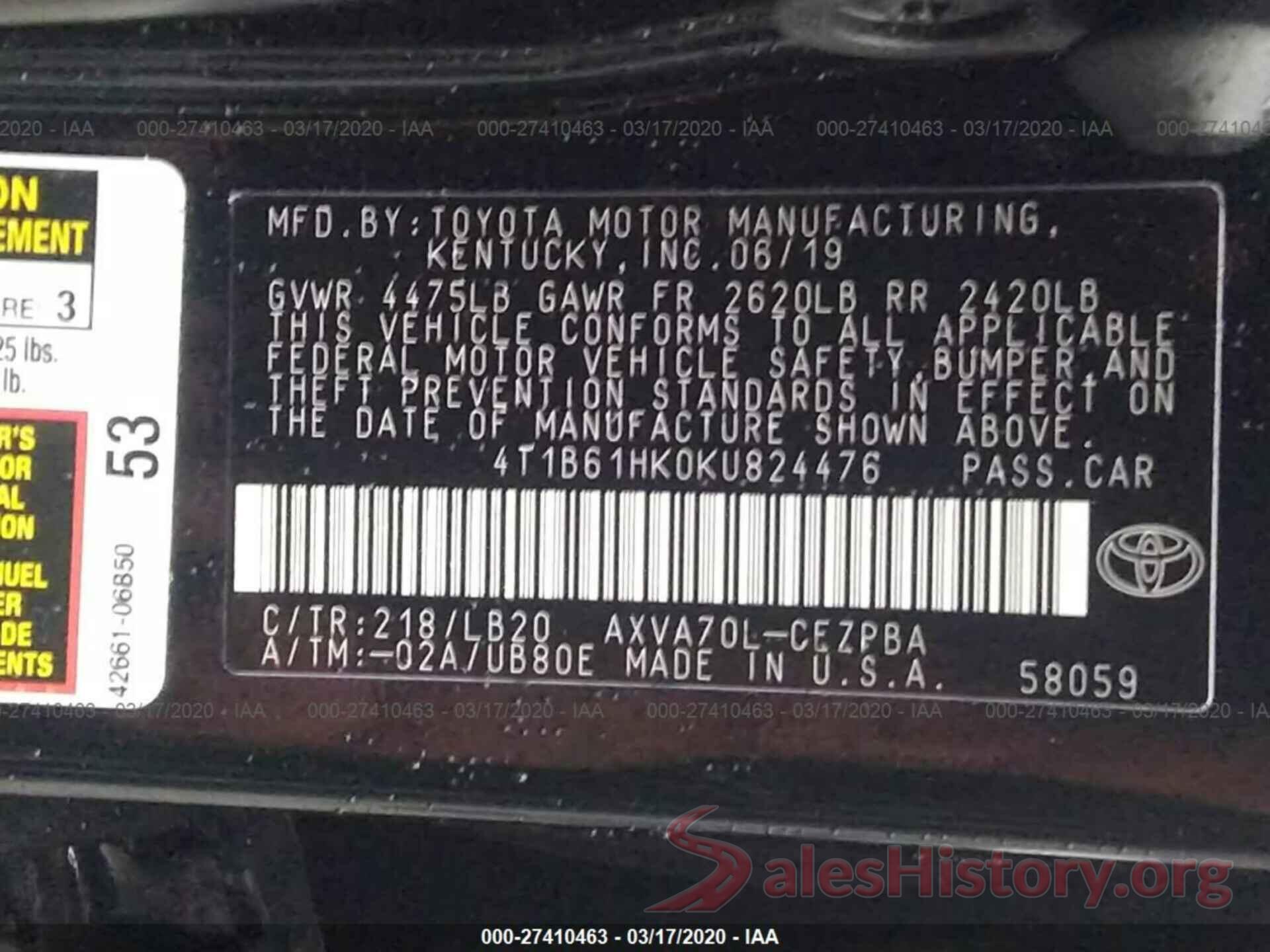 4T1B61HK0KU824476 2019 TOYOTA CAMRY