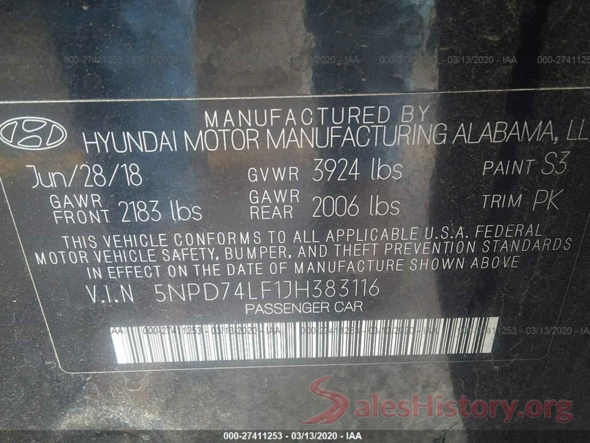 5NPD74LF1JH383116 2018 HYUNDAI ELANTRA