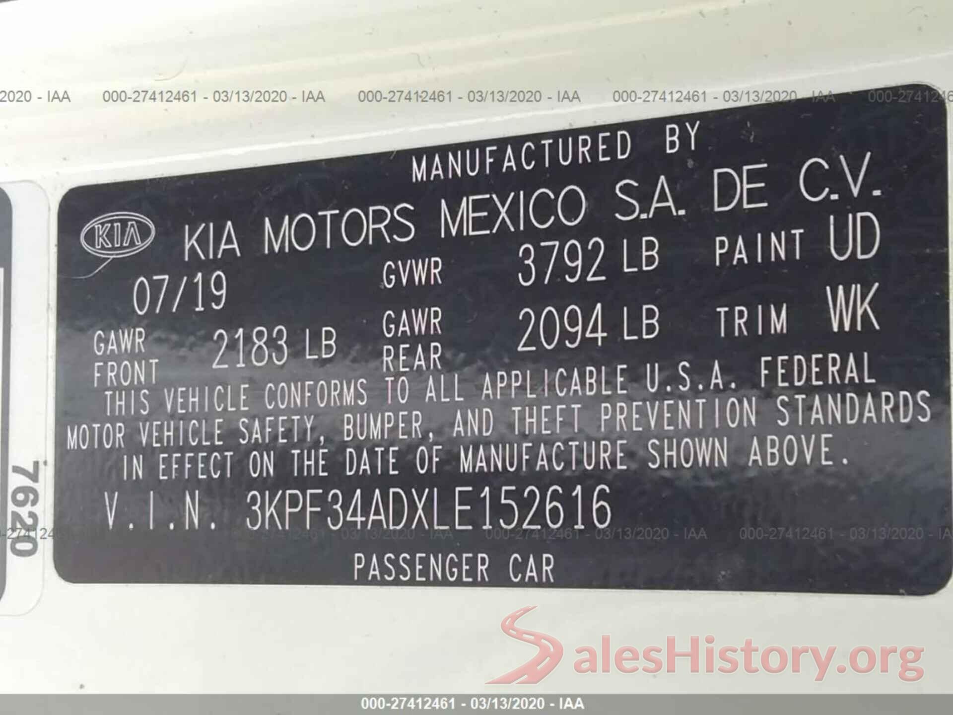 3KPF34ADXLE152616 2020 KIA FORTE