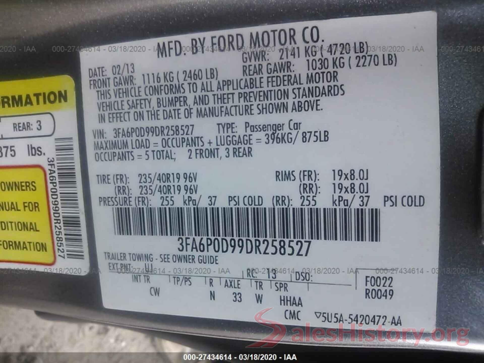 3FA6P0D99DR258527 2013 FORD FUSION