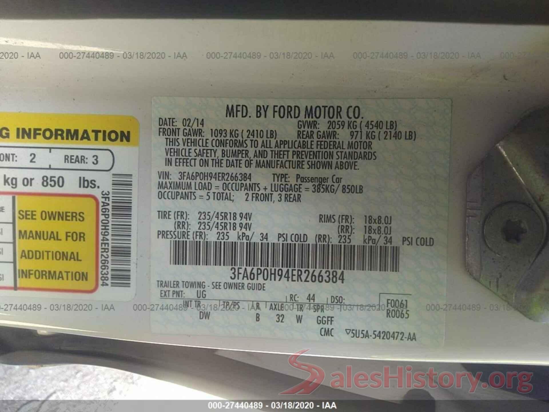 3FA6P0H94ER266384 2014 FORD FUSION