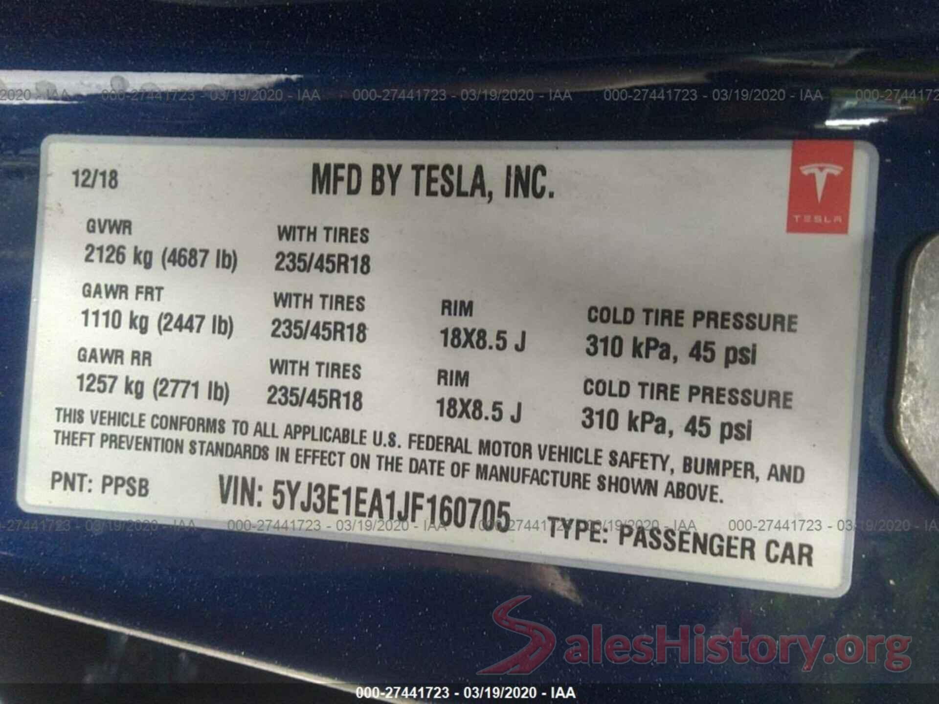 5YJ3E1EA1JF160705 2018 TESLA MODEL 3