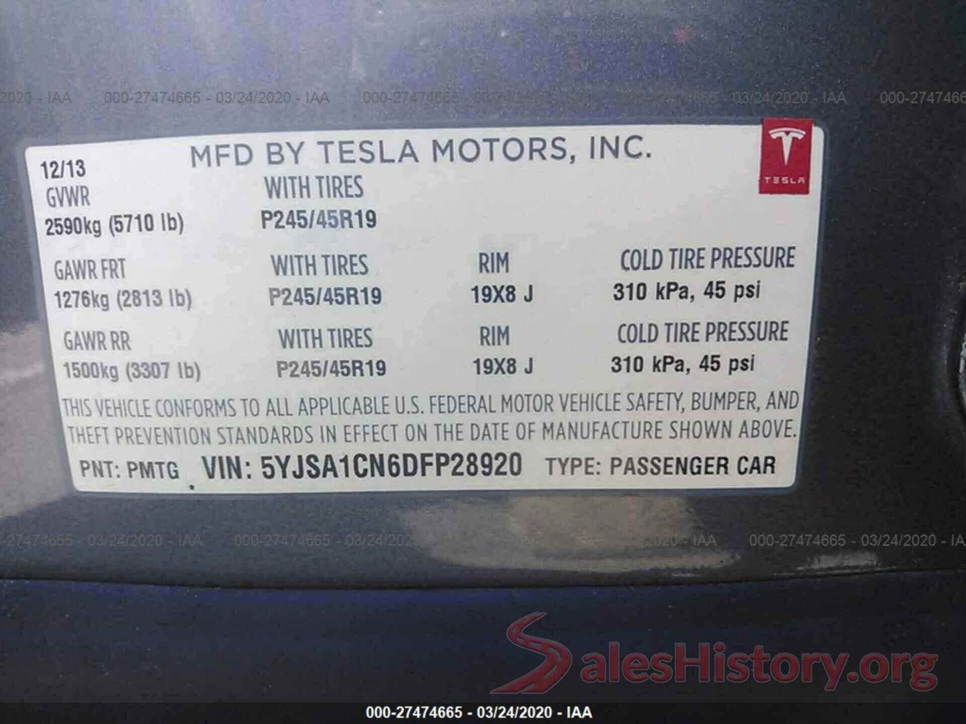 5YJSA1CN6DFP28920 2013 TESLA MODEL S