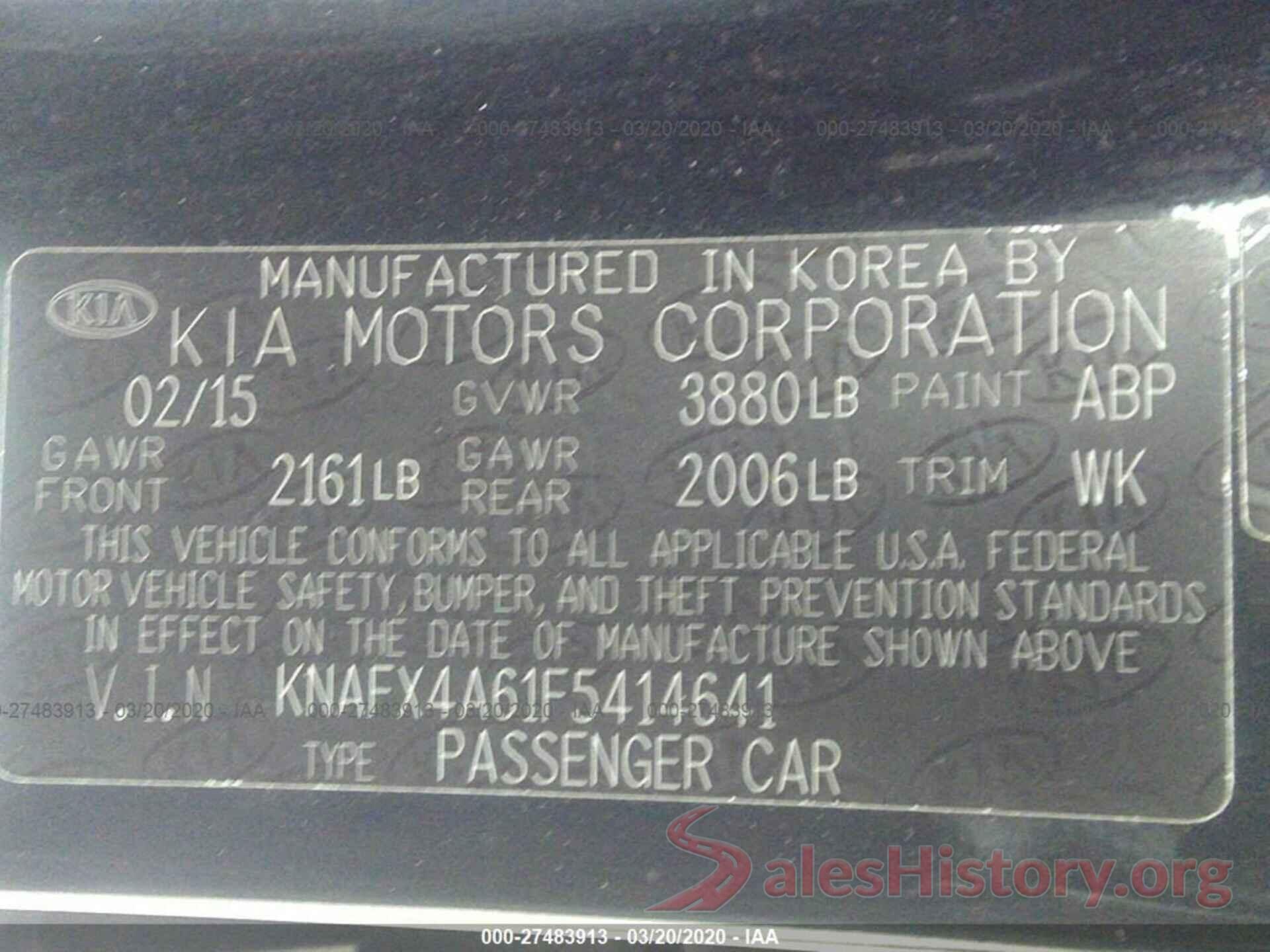 KNAFX4A61F5414641 2015 KIA FORTE