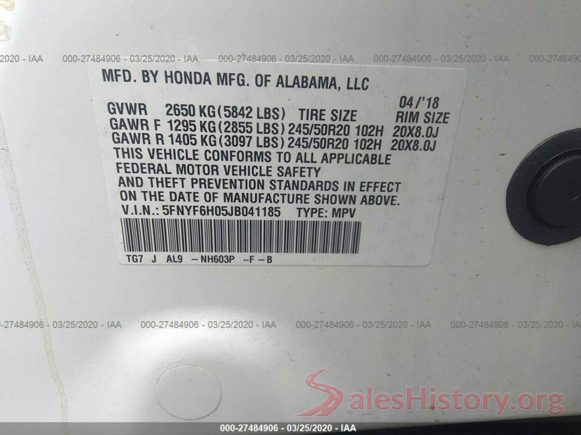 5FNYF6H05JB041185 2018 Honda Pilot