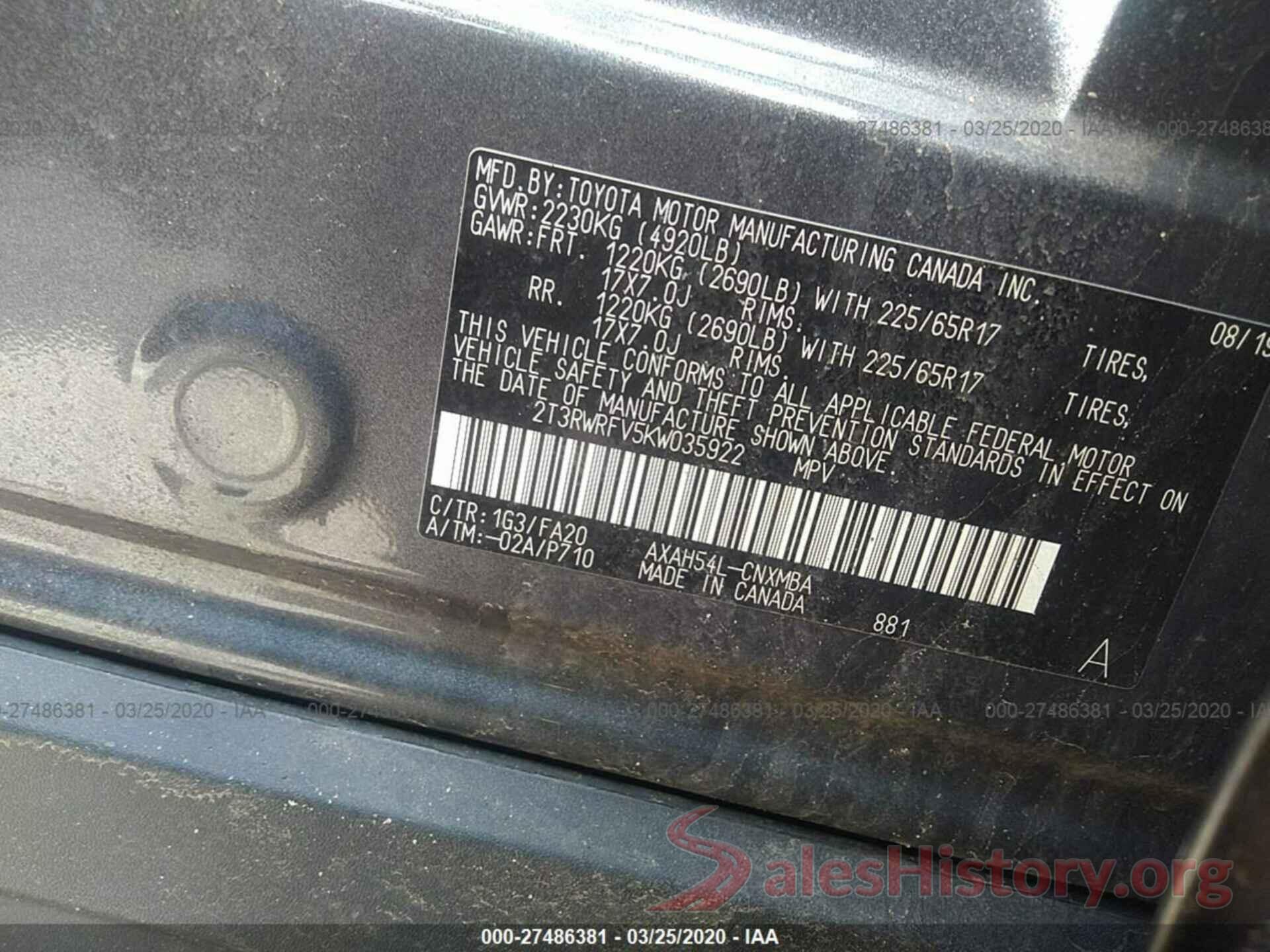 2T3RWRFV5KW035922 2019 TOYOTA RAV4