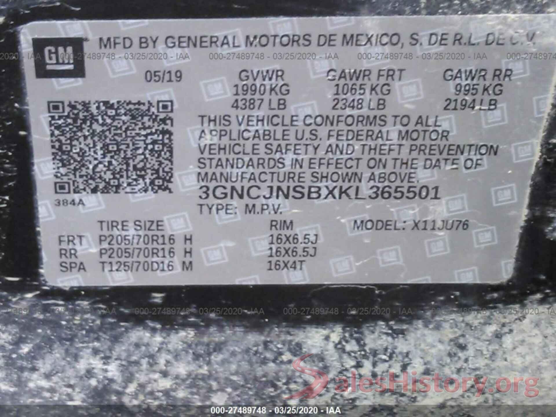 3GNCJNSBXKL365501 2019 CHEVROLET TRAX