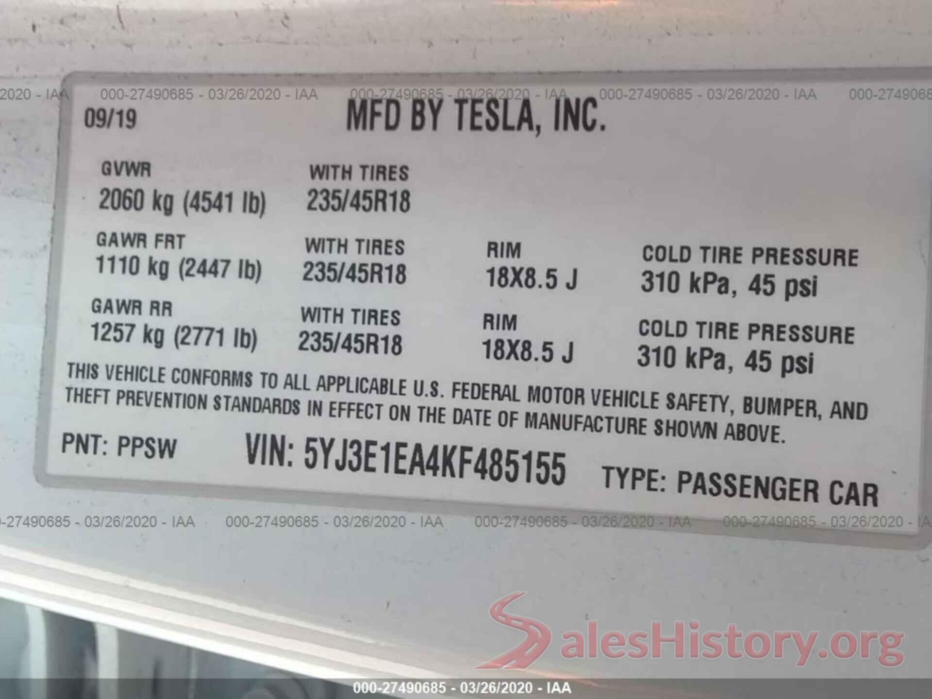 5YJ3E1EA4KF485155 2019 TESLA MODEL 3