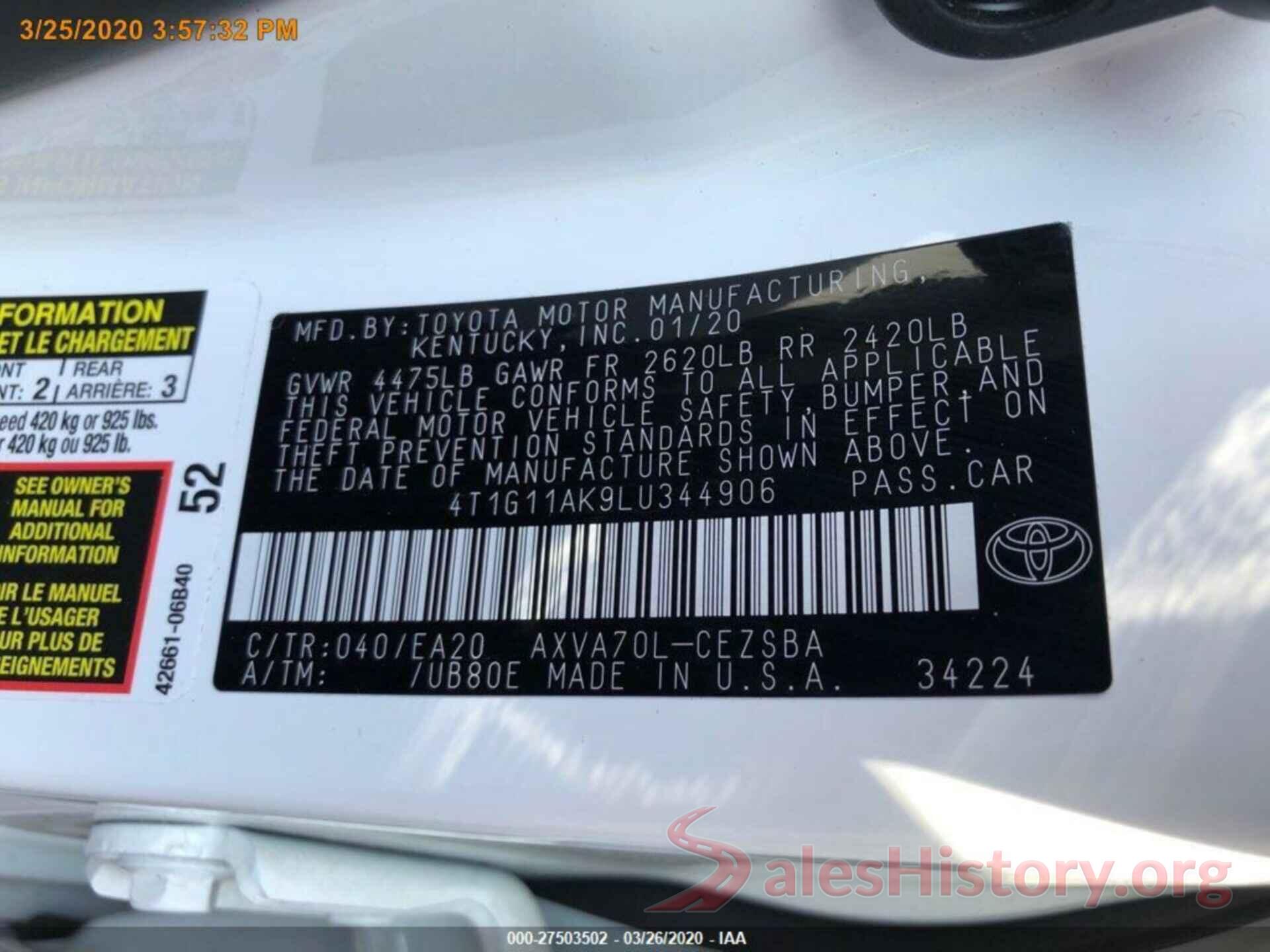 4T1G11AK9LU344906 2020 TOYOTA CAMRY