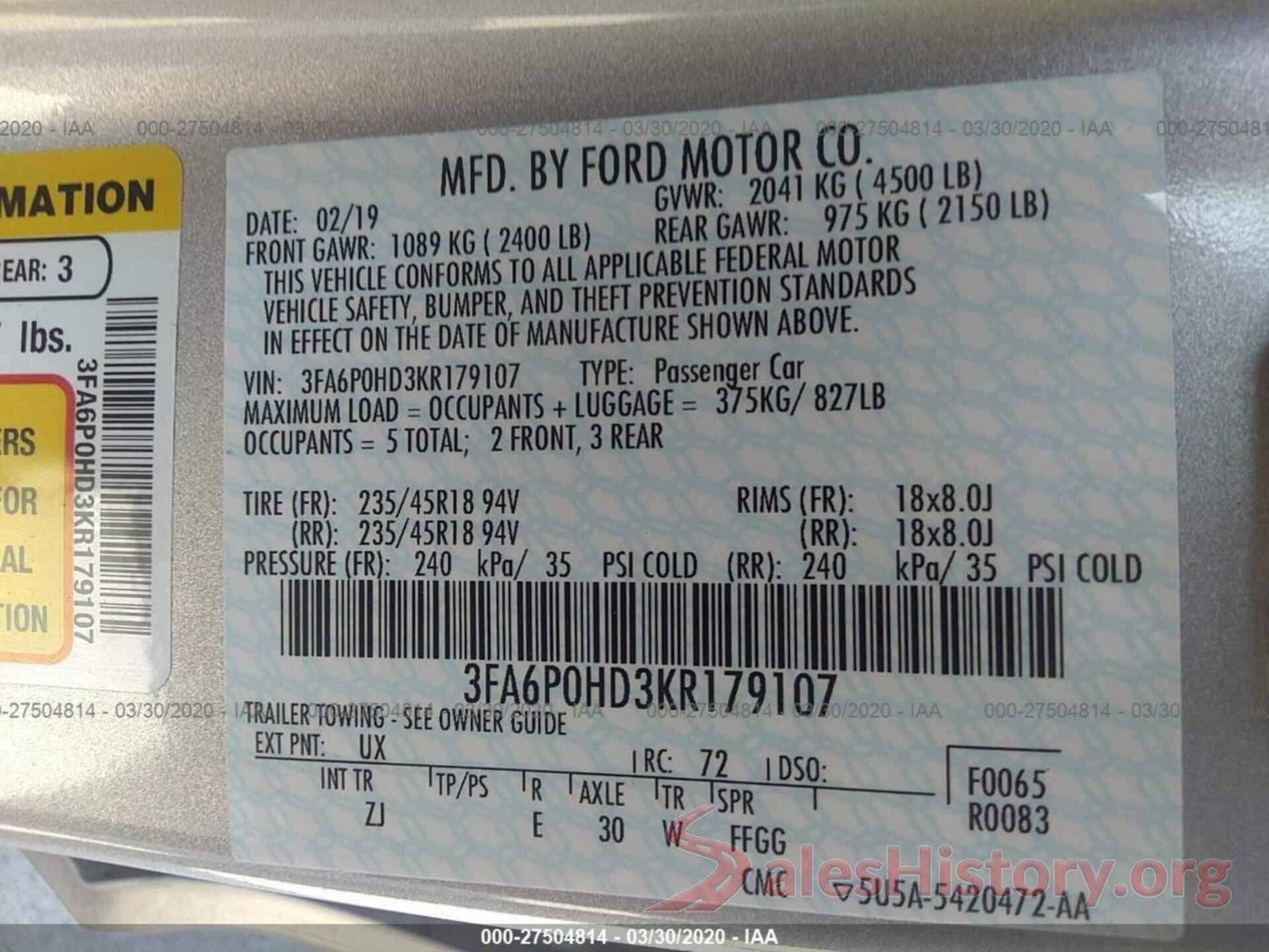 3FA6P0HD3KR179107 2019 FORD FUSION