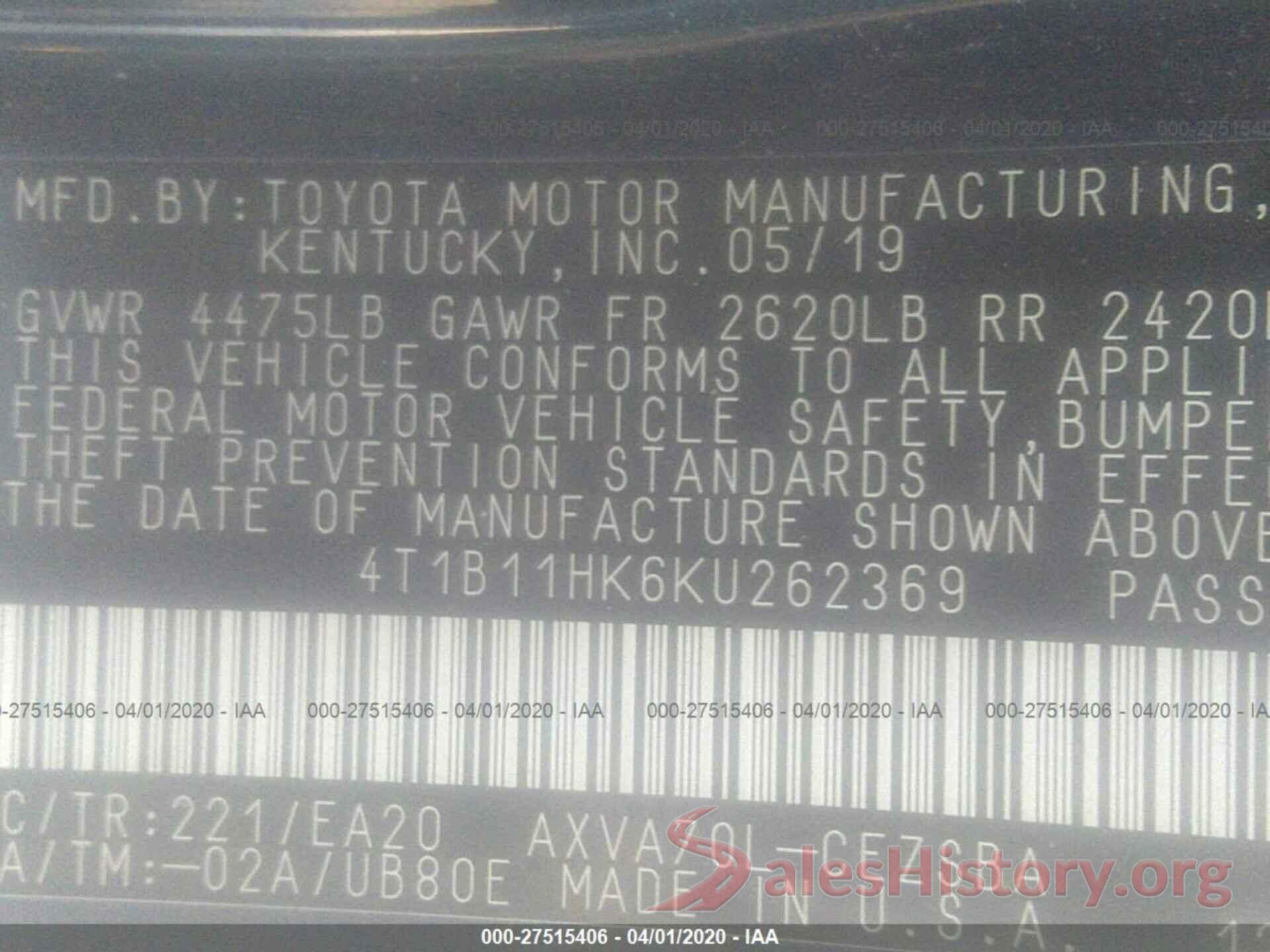 4T1B11HK6KU262369 2019 TOYOTA CAMRY