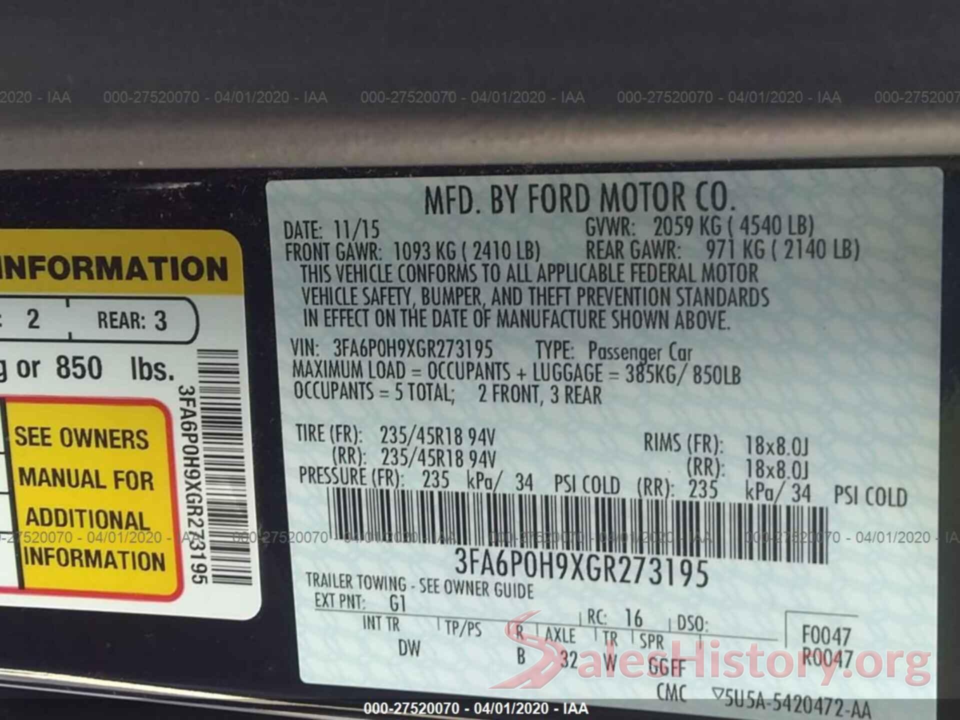 3FA6P0H9XGR273195 2016 FORD FUSION