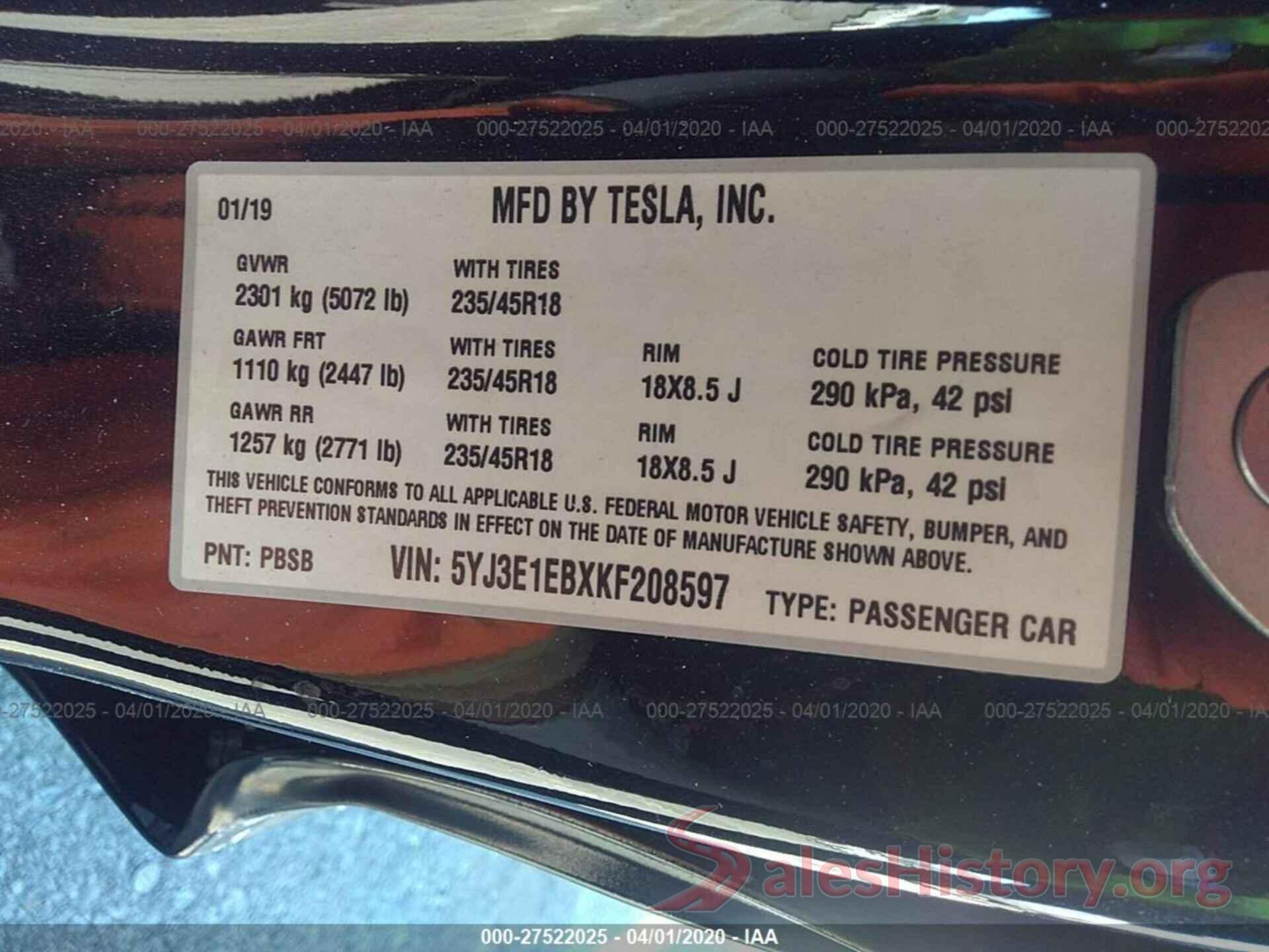 5YJ3E1EBXKF208597 2019 TESLA MODEL 3