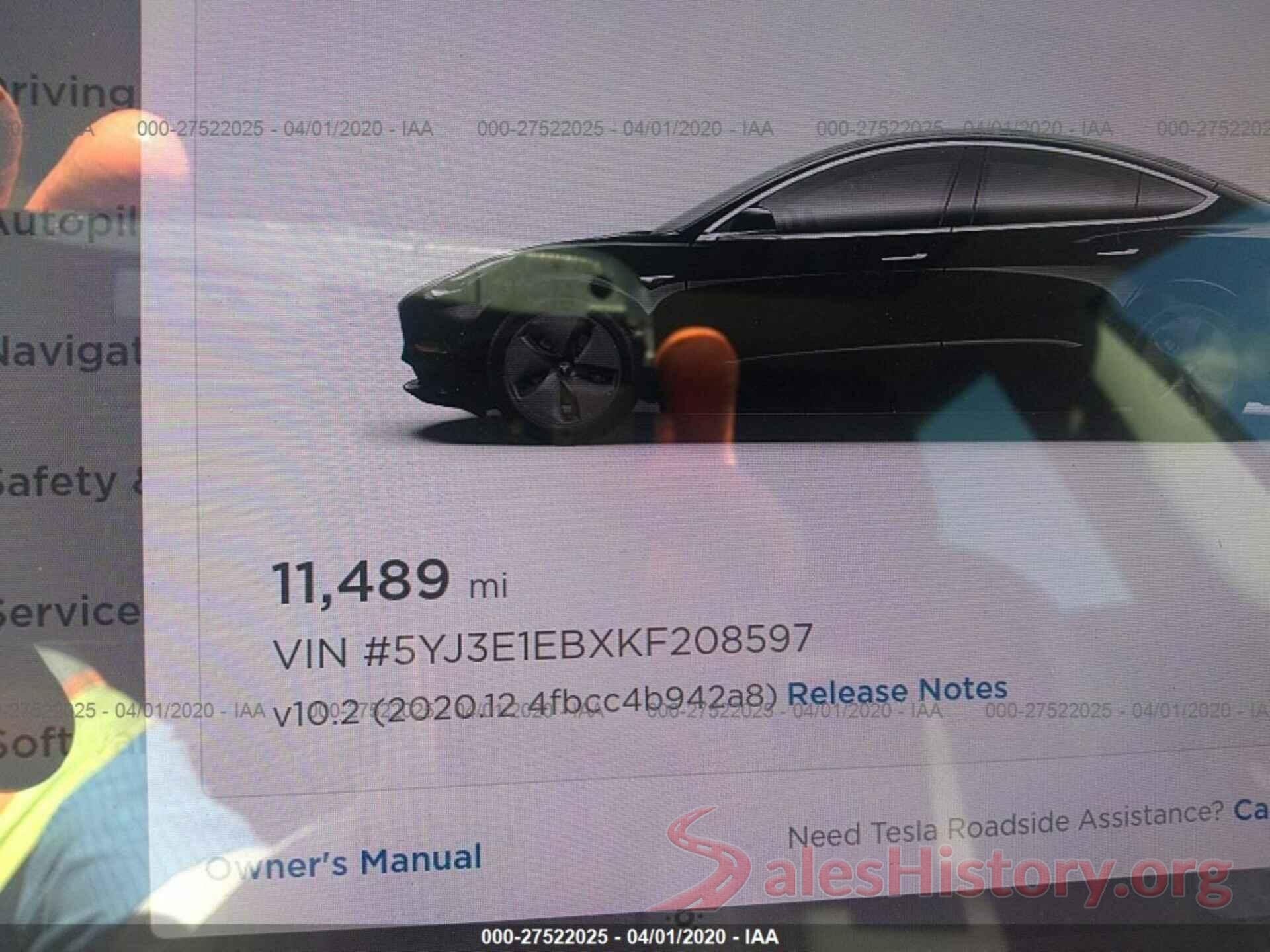 5YJ3E1EBXKF208597 2019 TESLA MODEL 3